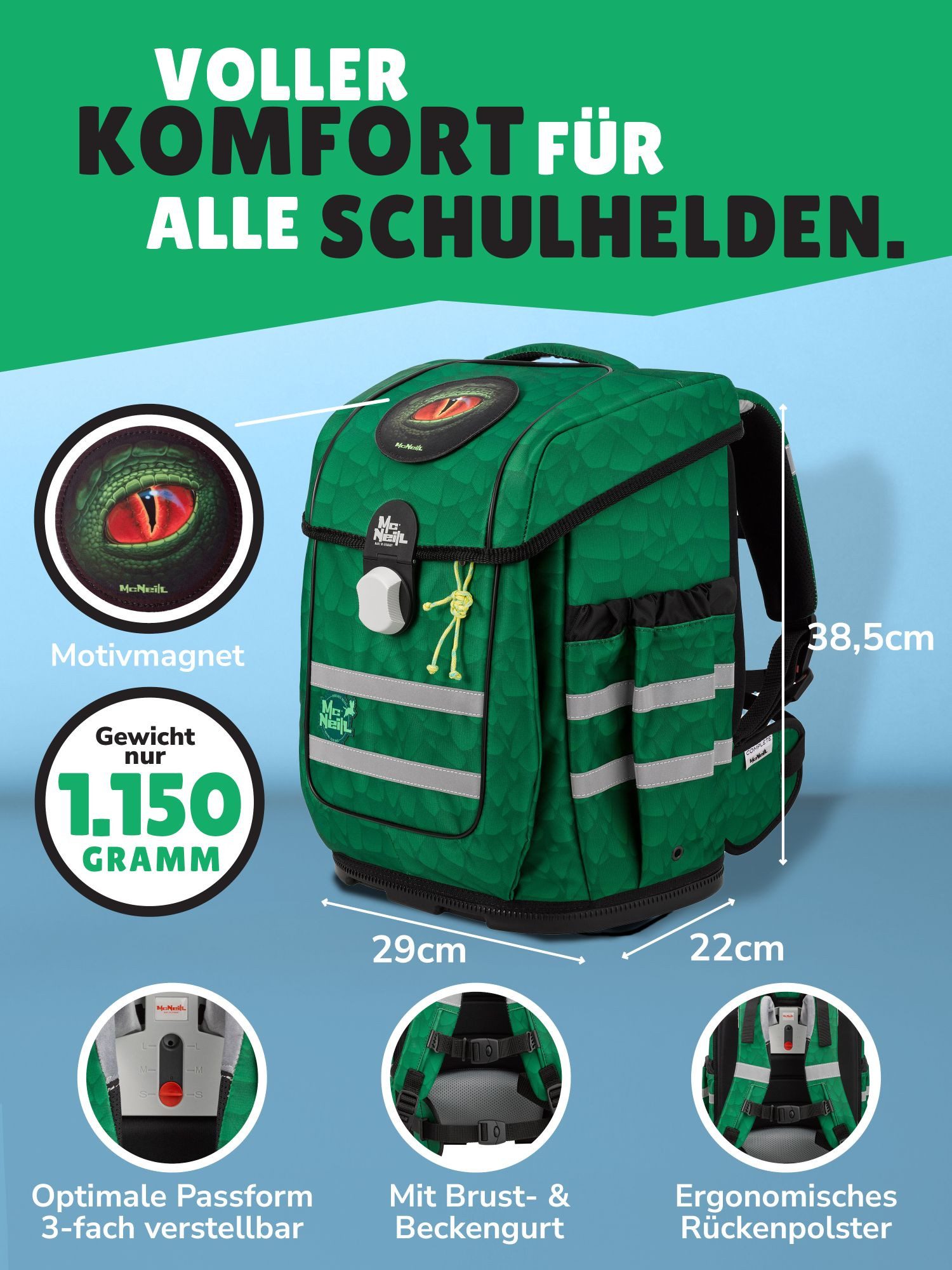 McNeill Schulranzen Ergo Complete Schulranzen Dino Drache grün Schultasche 1. Klasse (Set, 6-tlg., inkl. Federmäppchen, Turnbeutel, Schlamper und Motivmagnet), ergonomisch, in der Höhe verstellbar, mit Brustgurt & Hüftgurt