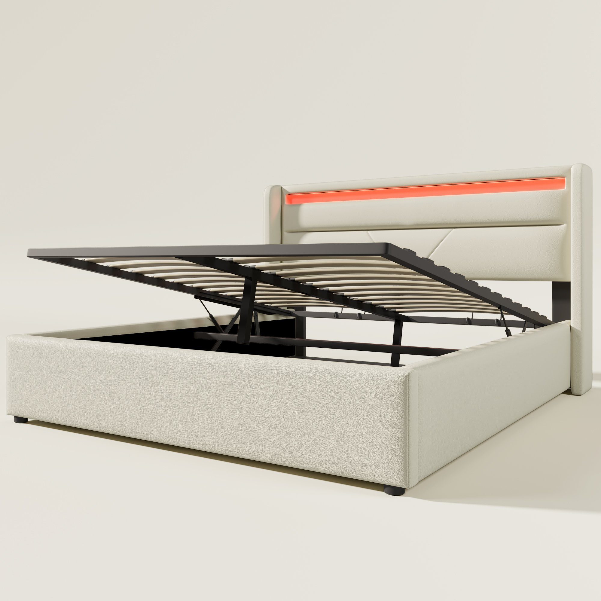 Boxspringbett (Funktionsbett, Polsterbett mit Bettkasten und Lattenrost, inkl. LED-Beleuchtung), Hydraulisches Stauraumbett Doppelbett 140x200cm, Bezug aus Kunstleder