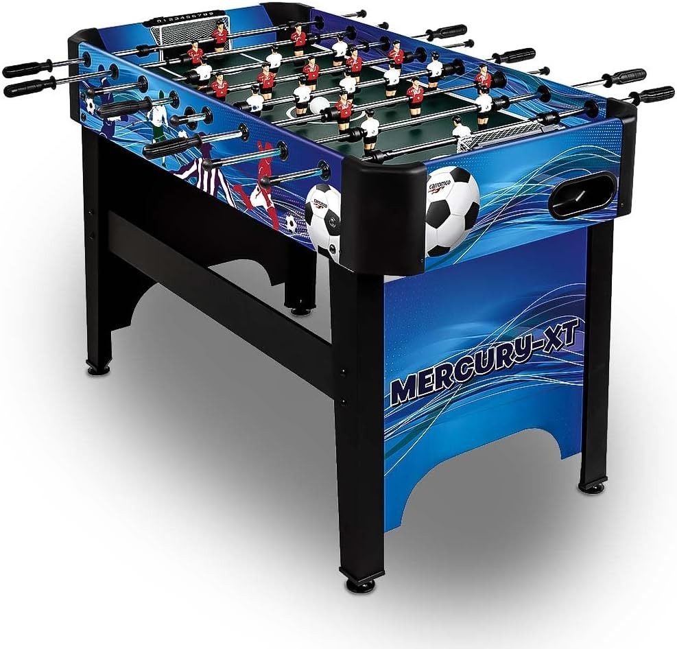 Carromco Kickertisch Mercury-XT Kickertisch 122x61x83 cm - Tischfußball, Kicker für Kinder, inkl. 4 Bälle Ø 32 mm, Fußball-Design in Blau-Schwarz