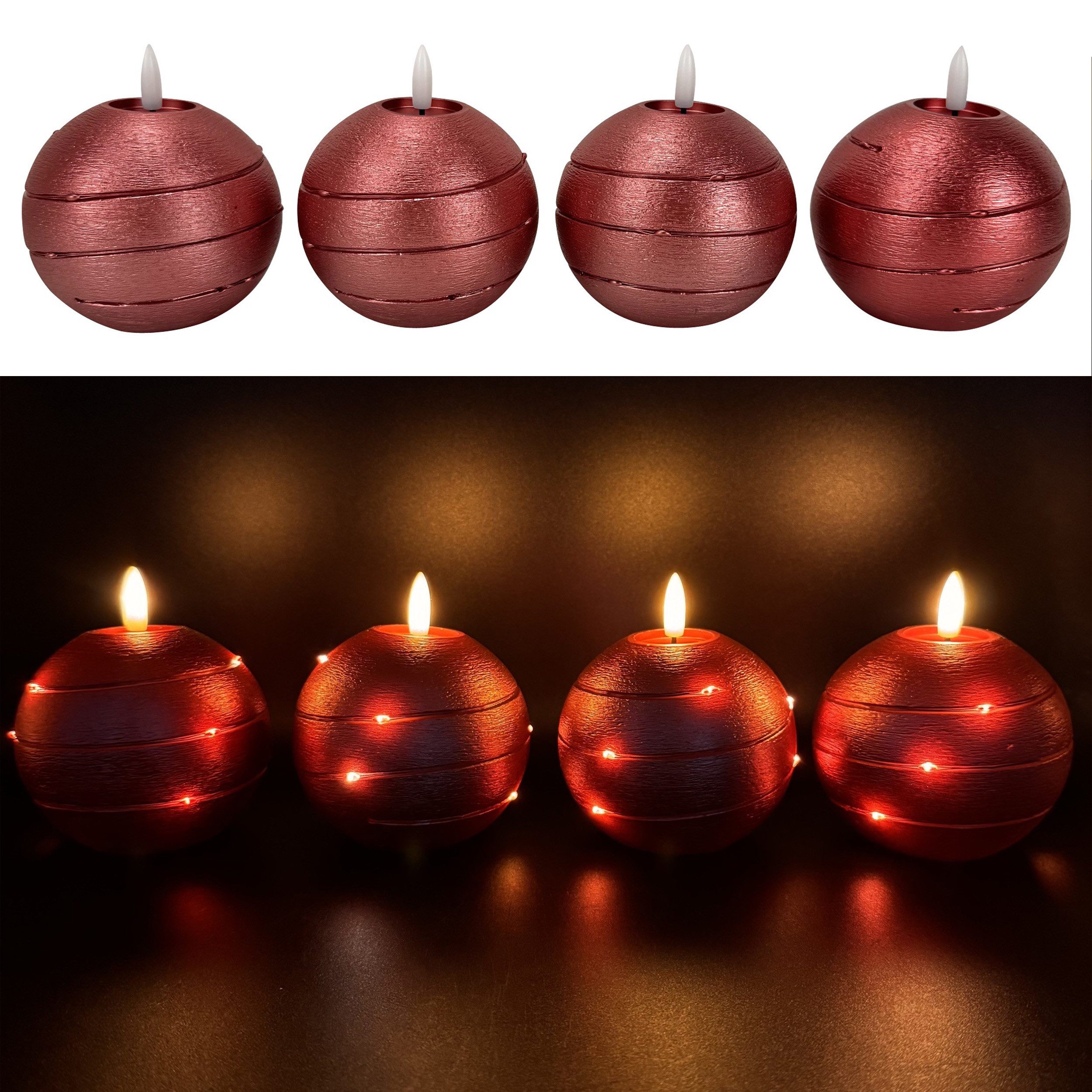 Online-Fuchs LED-Kerze 4 runde Kugelkerzen aus Echtwachs mit Timer & LED-Lichterkette, realistische Kerzenflamme, warmweiße Flamme und Lichterkette, praktische 6-Stunden Timerfunktion enthalten