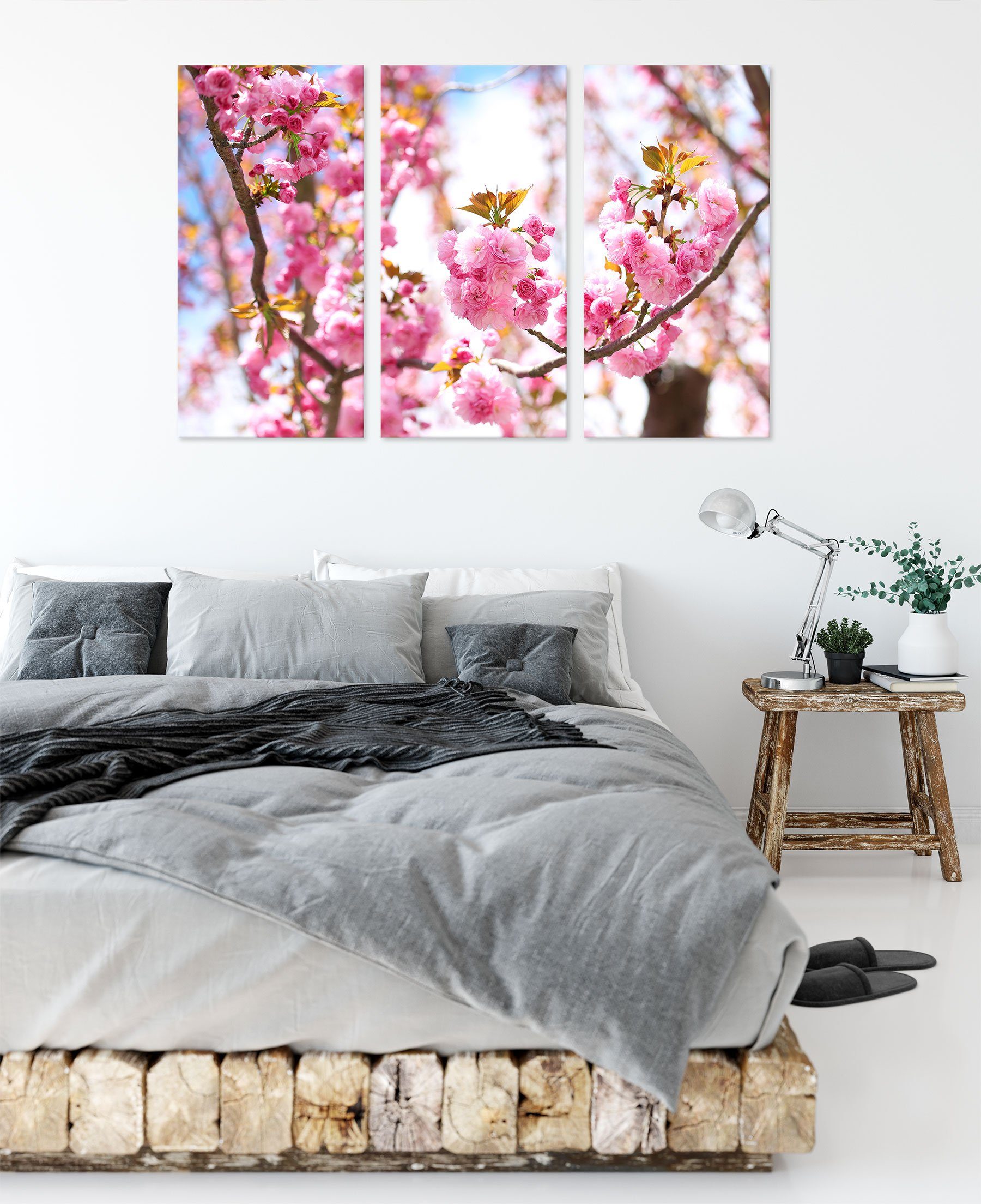 3Teiler Leinwandbild St), Kirschblüten bespannt, Schöne (120x80cm) Schöne inkl. Zackenaufhänger fertig (1 Kirschblüten, Pixxprint Leinwandbild