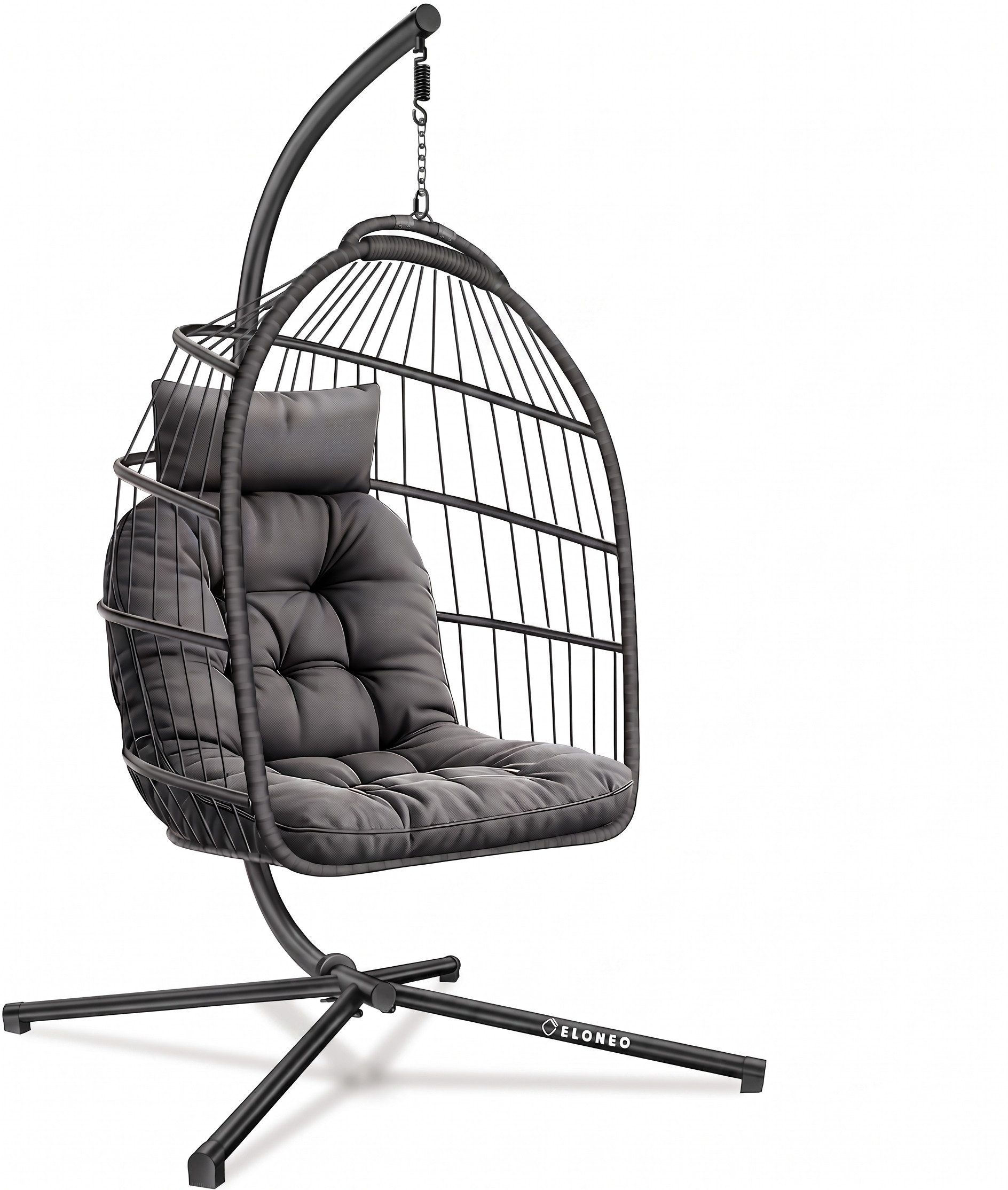 ELONEO Hängesessel, Hängeschaukel mit Gestell - Hängesitz mit Sitz- und Kopfkissen (bestehend aus Schwebesessel und Gestell), faltbar, wetterbeständig, bodenschonend, belastbar bis 160kg