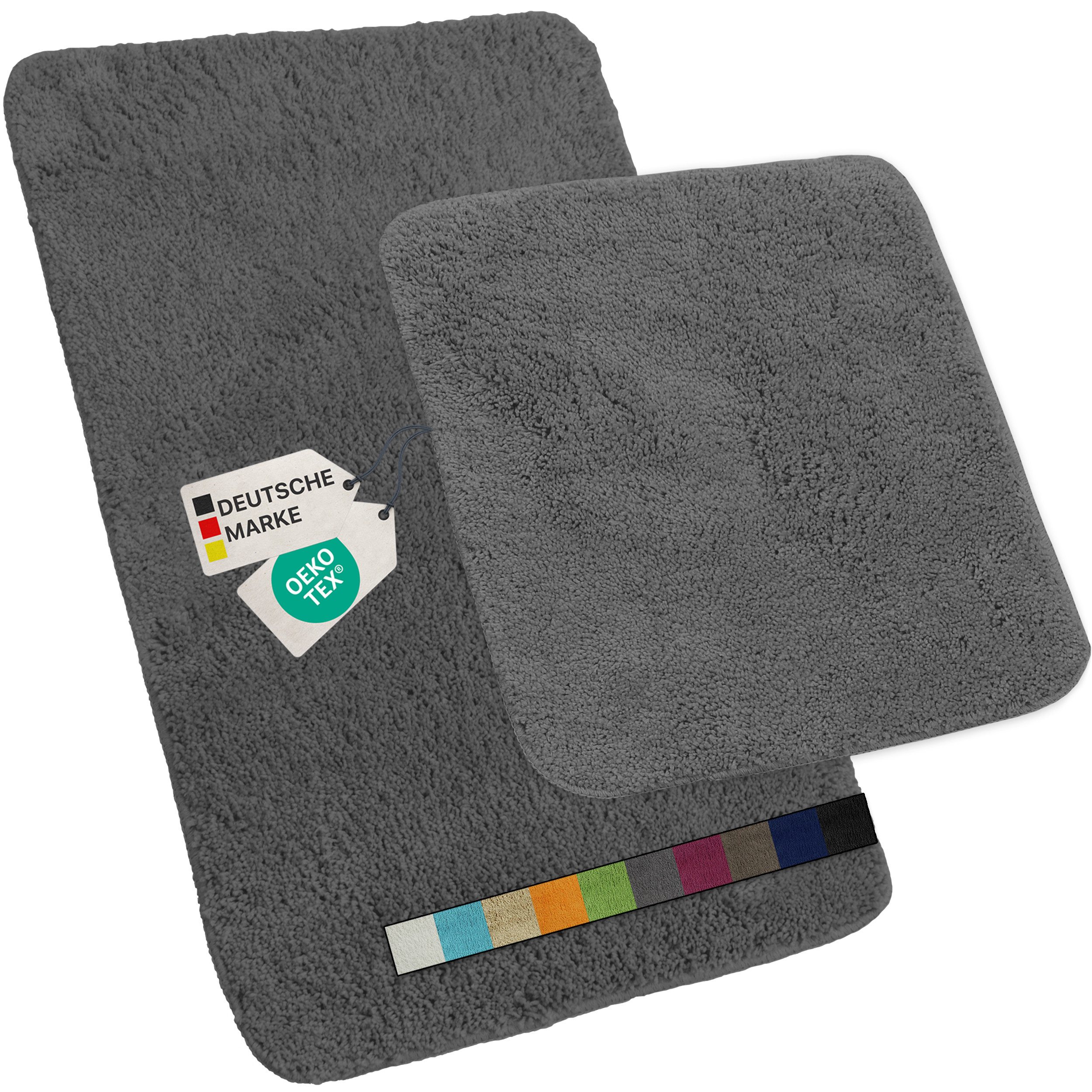 NYVI Badematte Badematten Set 2 teilig NYVISpa Lasalle Grau Badezimmerteppich Set, Höhe 20 mm, Polyester, Badematte 50x80cm + WC Vorleger ohne Ausschnitt, Rutschfest & Waschbar
