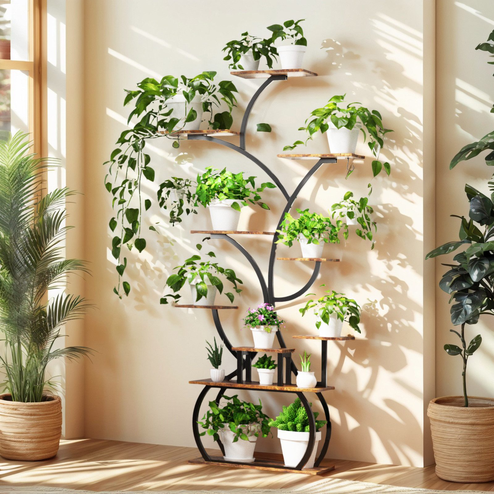 VINGLI Flower Stand Plant Stand with LED Grow Lights, 10-Tier Plant Shelf, Made of Wood and Metal, Stable and Space-Saving, 155*80*26cm