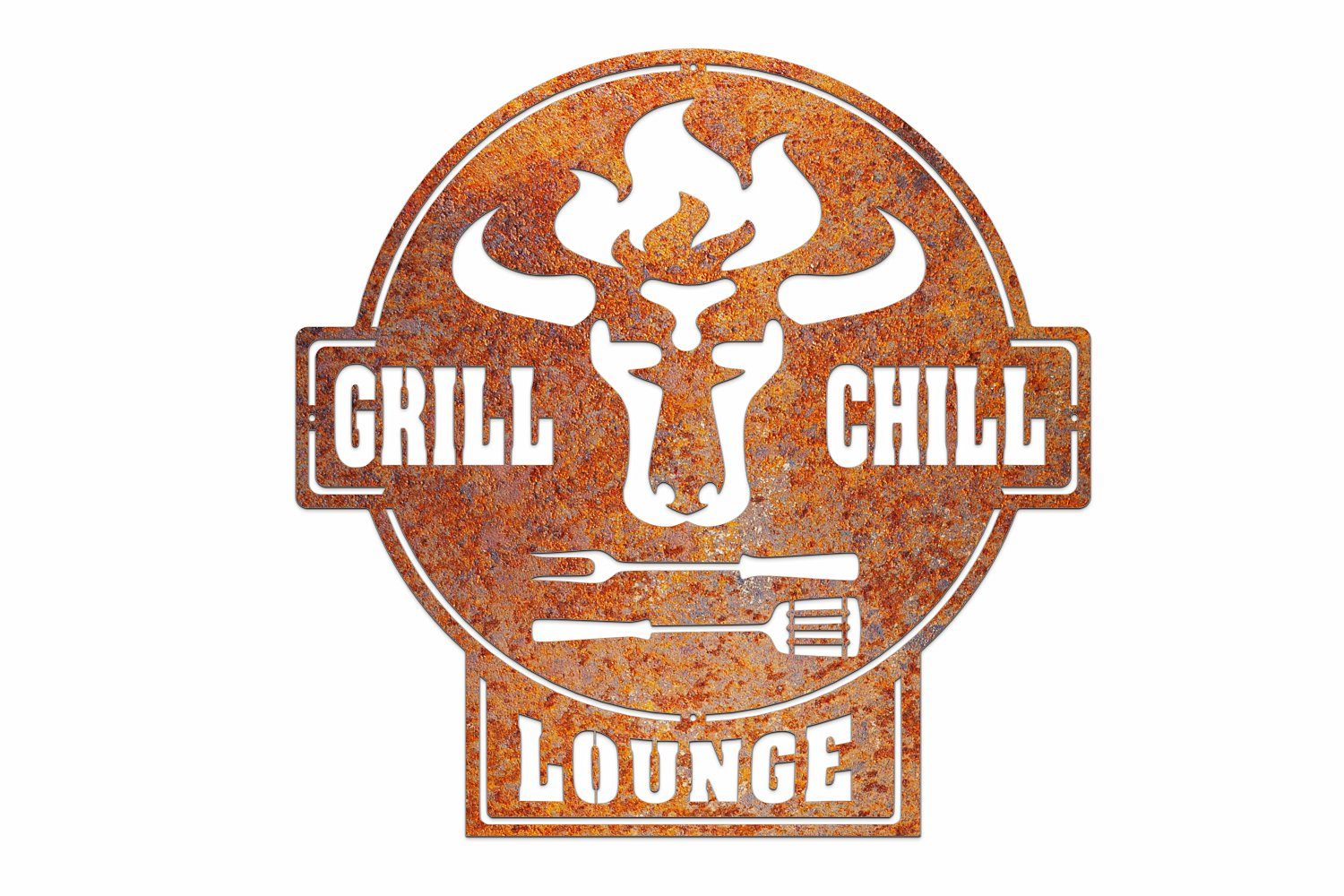teileplus24 Wanddekoobjekt Metallschild & Grill CG01 Schild Grill Edelrost BBQ Gartenschild Chill BBQ Lounge Lounge