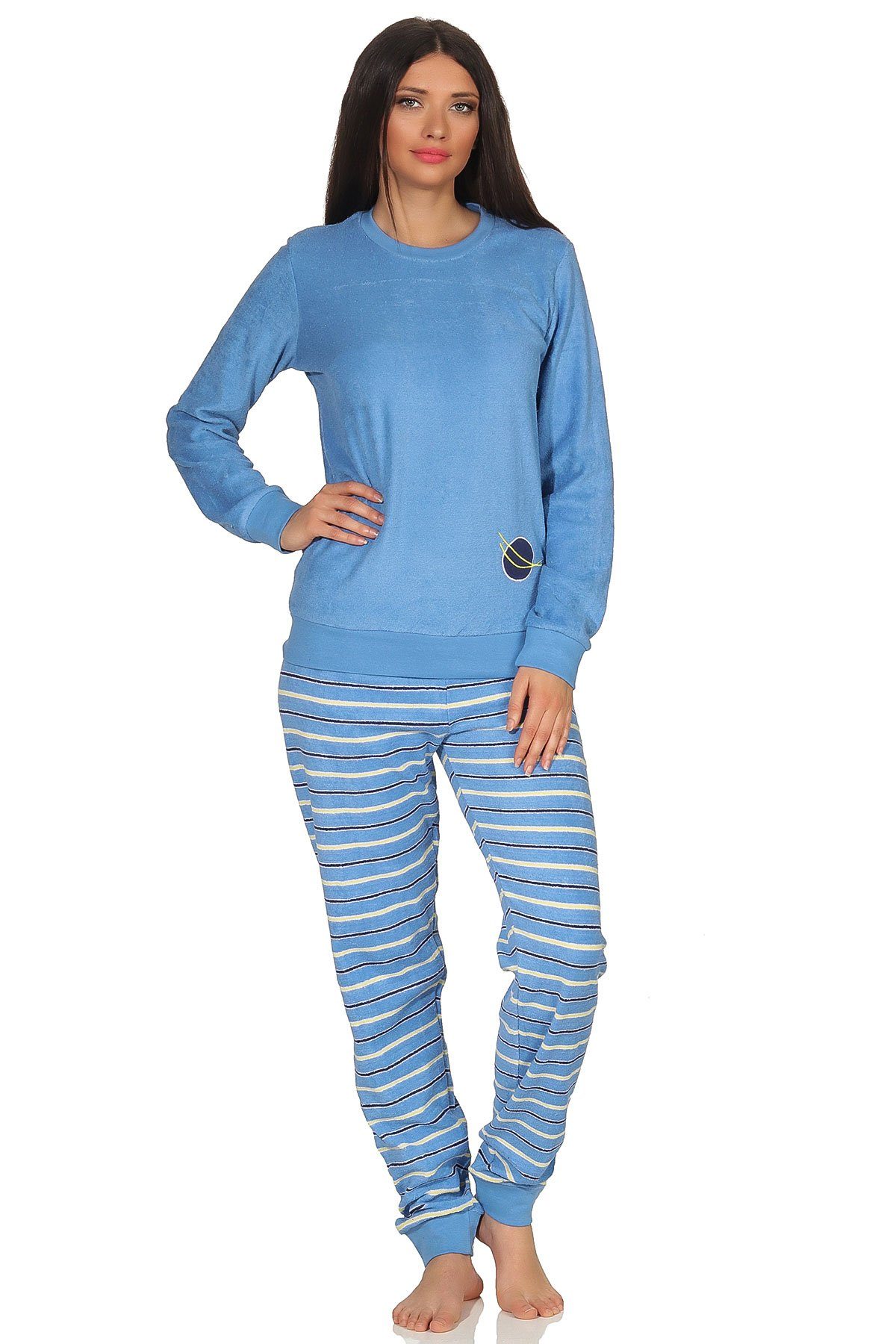 Normann Pyjama Damen Frottee Pyjama langarm mit Bündchen, Hose gestreift hellblau