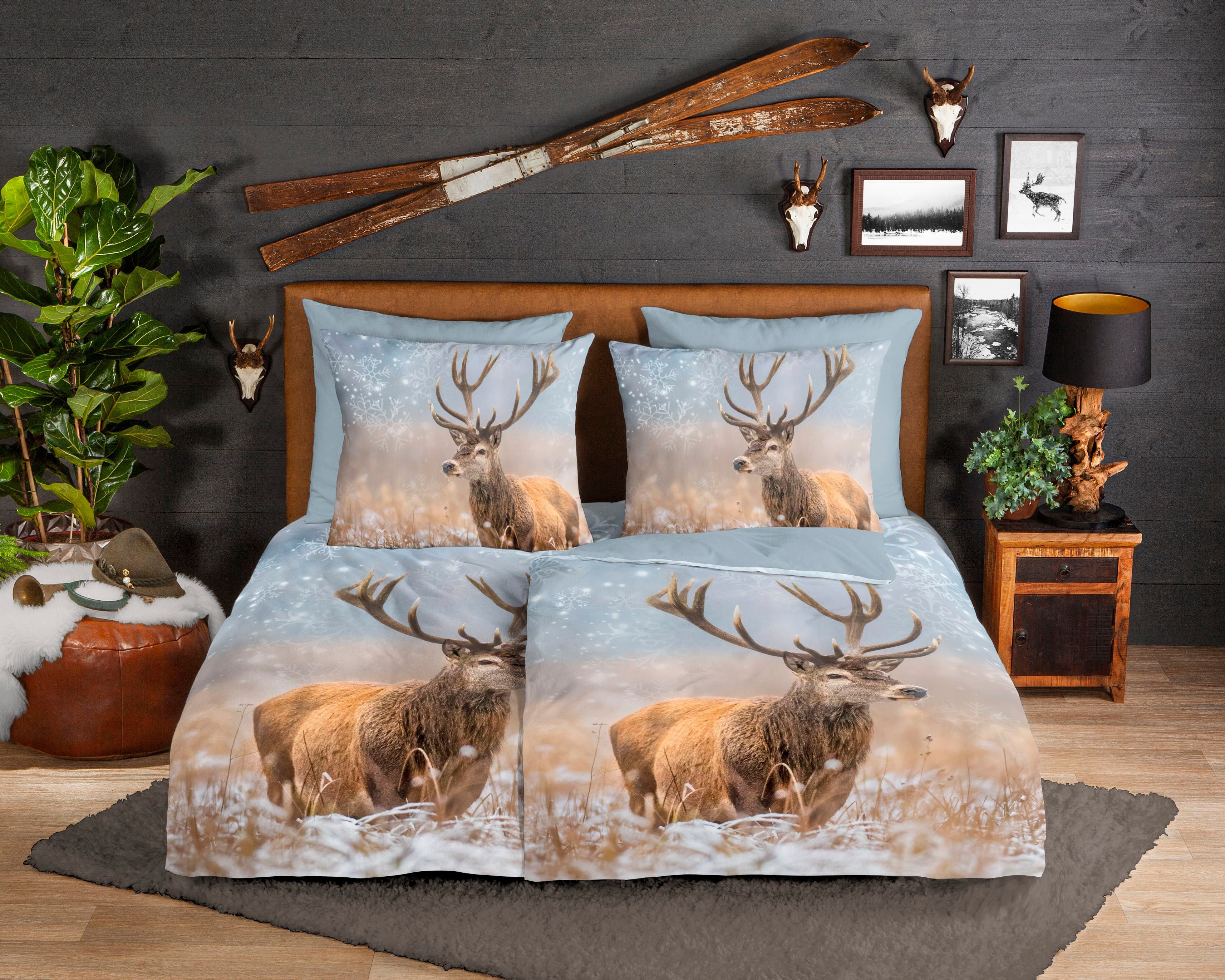 good morning Wendebettwäsche Jolly, Biber, Flanell, 2 teilig, Biber, 135x200, Winter, Warm, Reißverschluss, Wendeoptik, Reh