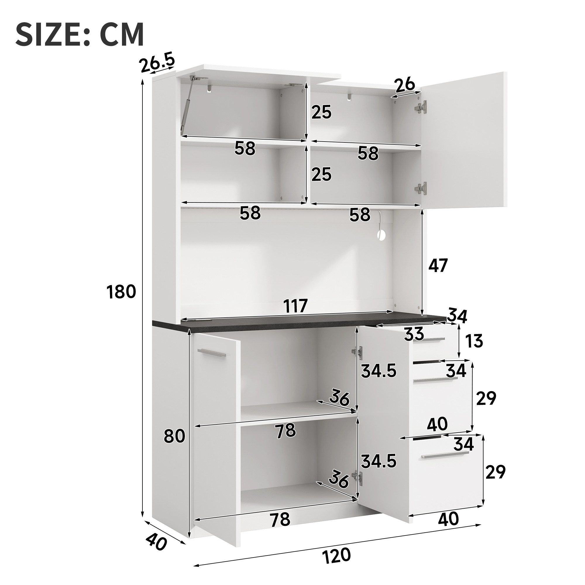 Celya Hochschrank Buffetschränke mit mehrstufigem Stauraum und farbigem Lichtstreifen (mit integrierter Steckdose sowie USB-C- und USB-A-Anschlüssen) Ideal für Esszimmer, Wohnzimmer und Küche