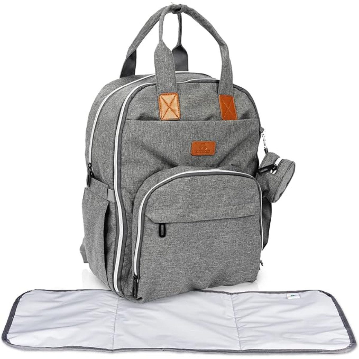 Wickelrucksack groß Grau mit Wickelunterlage und Kinderwagenhaken