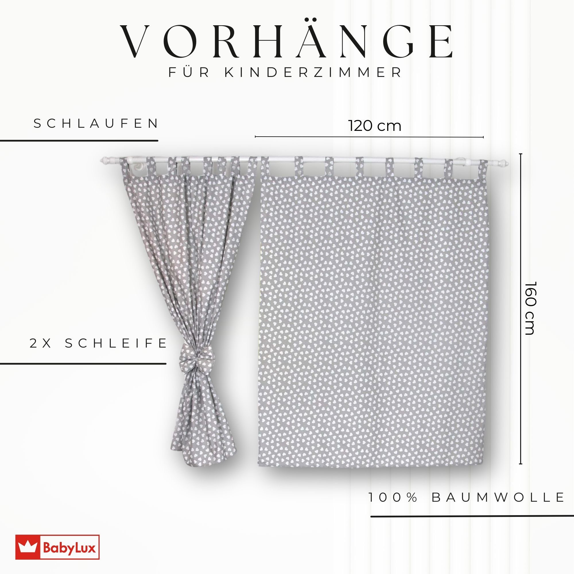 BabyLux Vorhang Kinderzimmer VORHÄNGE mit Schlaufen Kinder Baby Gardinen 2 x 160x120cm, 95. Herzen Grau
