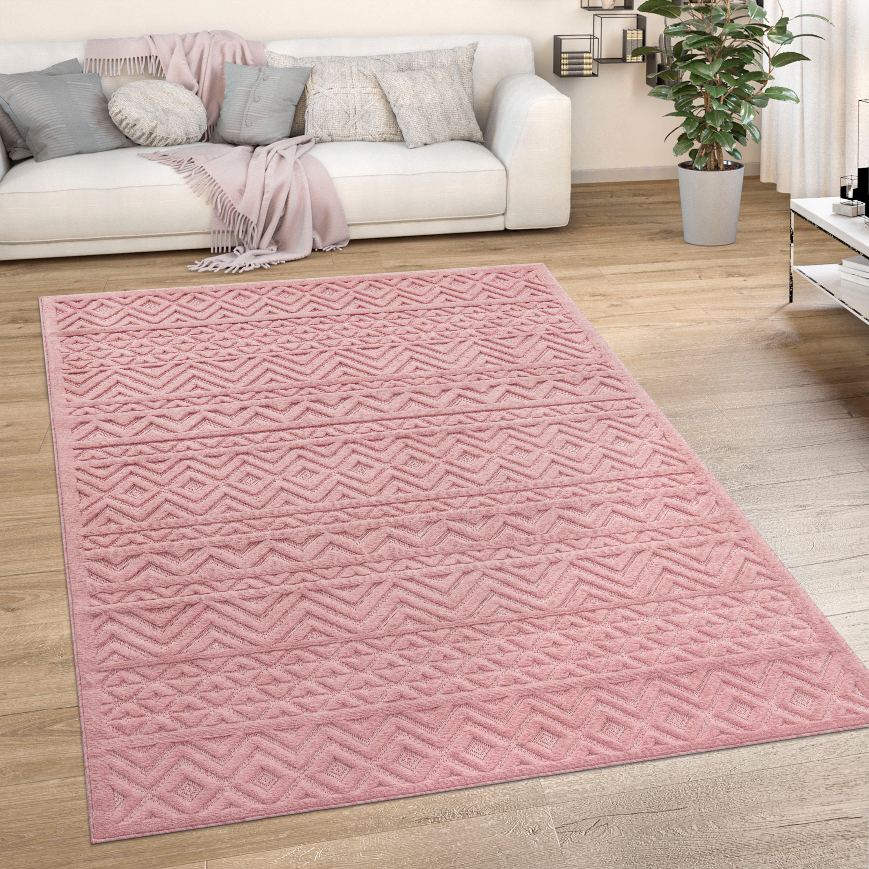 Teppich Livorno 673, Paco Home, rechteckig, Höhe: 14 mm, Uni-Farben, Scandi, Rauten Muster, Hoch-Tief Effekt, Outdoor geeignet pink | Kurzflor-Teppiche