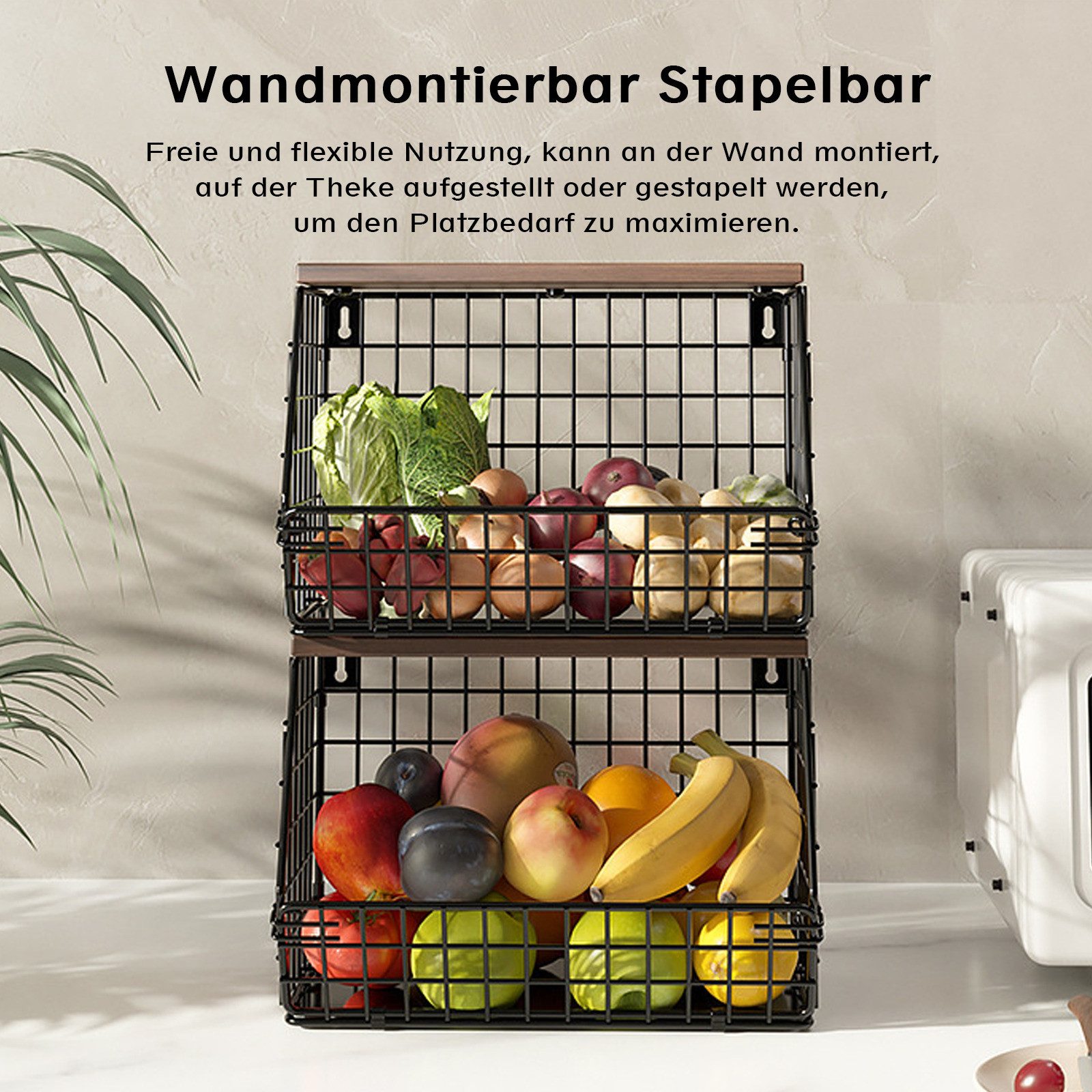 Refined Living Obstschale Obstkorb Hängend 2 Etagen, Wandkorb Schwarz mit Holzdeckel, 2er Set, Hochwertiger Kohlenstoffstahl + Holz, (Stapelbar Küchenorganizer, Obstschale Hängekorb, Schwarz Metall Wandkorb,Drahtkorb Küche, Gemüsekorb, Wandkorb Küche, Küchenorganizer, Aufbewahrungskorb Wand, Platzsparendes, Stabile & langlebige Konstruktion, Offenes Design für Frische, Obstschale, 2-tlg), Wandmontierbar Drahtkorb Zur Aufbewahrung Von Obst Gemüse Snacks