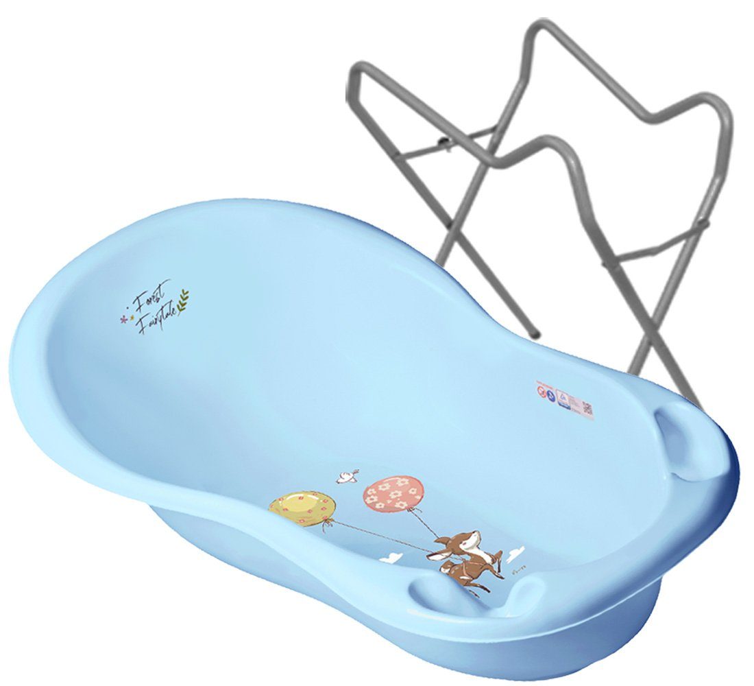 Tega-Baby Babybadewanne 1A Set FOREST Babybadeset in (Made Babybadewanne - Ständer Spar + Blau Wanne Grau + Europe Baden, ** Pflege Set), Ständer 