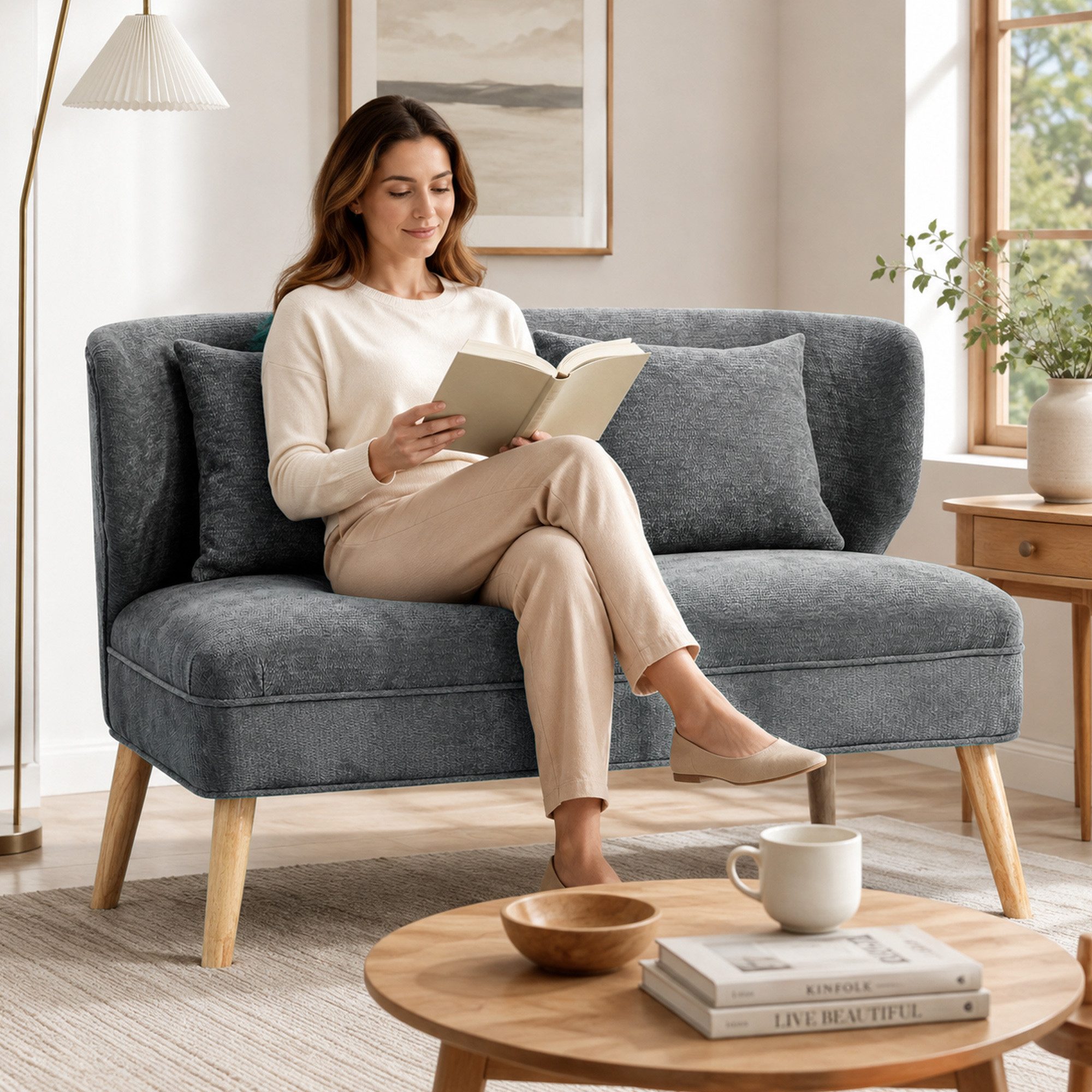 HOMCOM 2-Sitzer Sofa kleine Couch mit Flügelrücken, 2 Wurfkissen, 117 cm Dick Gepolstert Doppelsofa 1 Teile, für Wohnzimmer, Schlafzimmer, Grau