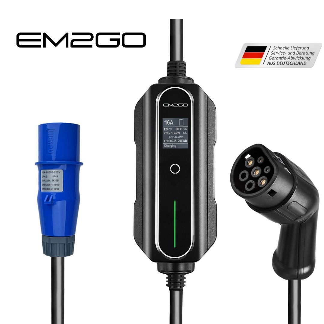 EM2GO Mobiles EV Ladegerät 1,4 kW Wallbox Typ 2 CEE Blau IP66 OLED 5m Autoladekabel, Ampere