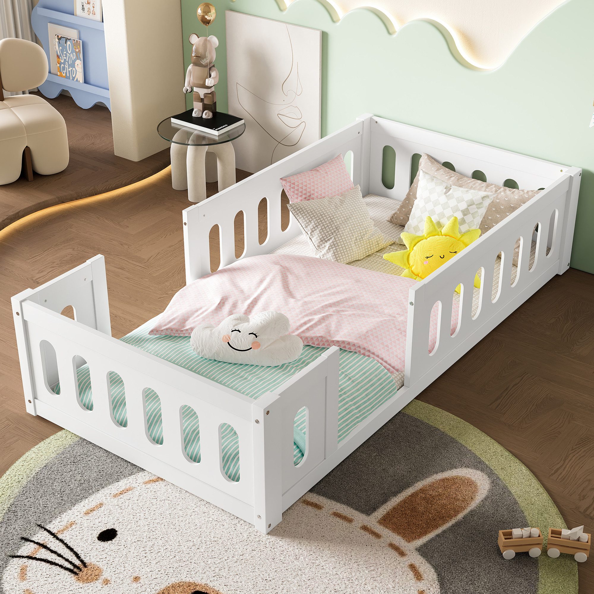 Flieks Massivholzbett, Kinderbett Bodenbett 90x200cm mit Geländer, ohne Lat günstig online kaufen