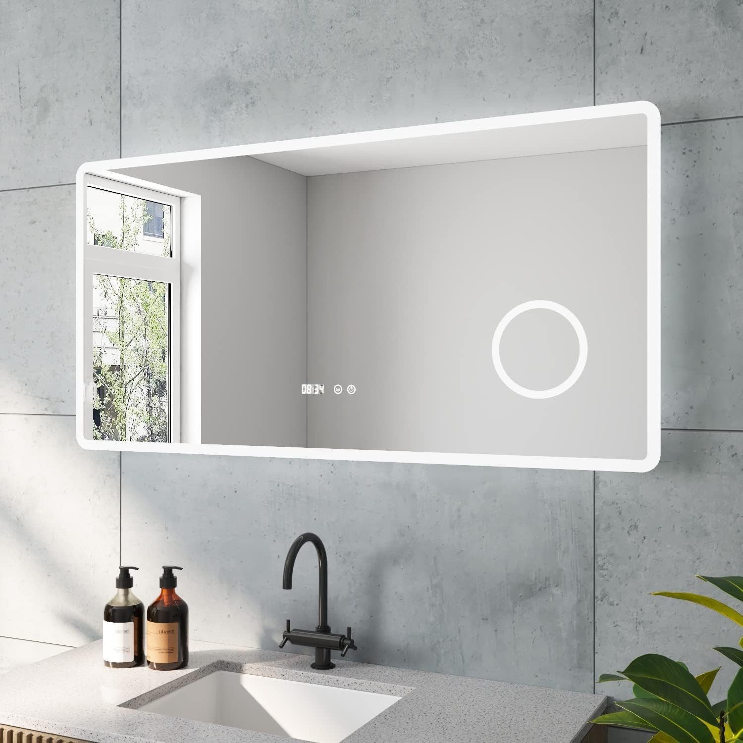 AQUABATOS Badspiegel LED Badezimmerspiegel mit Beleuchtung 100 / 120 cm Bad Antibeschlag (Packung), Badspiegel mit 3-Fach Vergrößerung, Digital Uhr, Dimmbar,Touchschalter