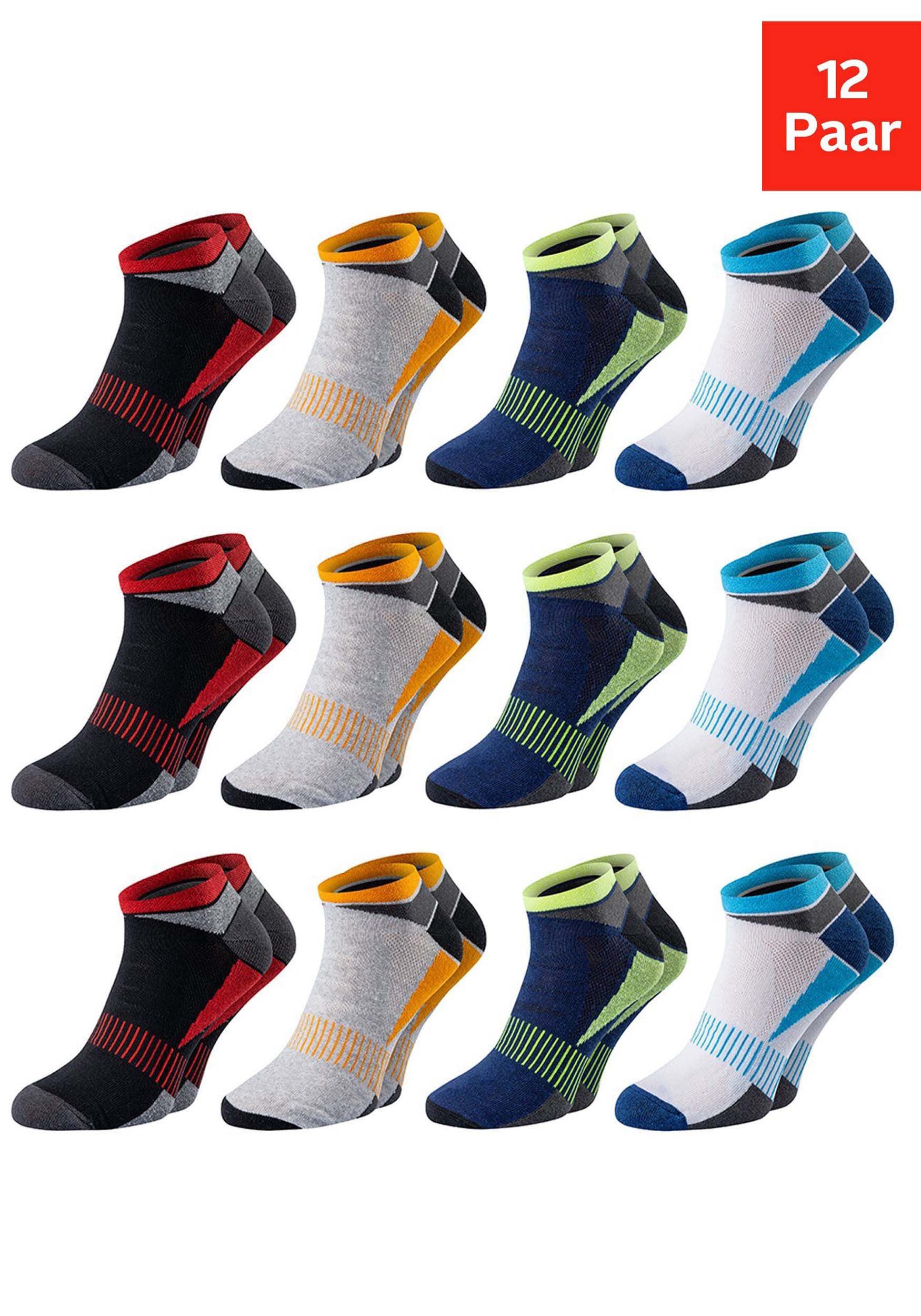 Chili Lifestyle Sneakersocken PREMIUM Sneaker Socken Damen & Herren aus Baumwolle, atmungsaktiv (Multipack, 12-Paar, 4 Farbdesigns - AirGrip Komfortbund ohne Gummidruck) Low Cut Sneaker Socken für Sport, Alltag & Freizeit
