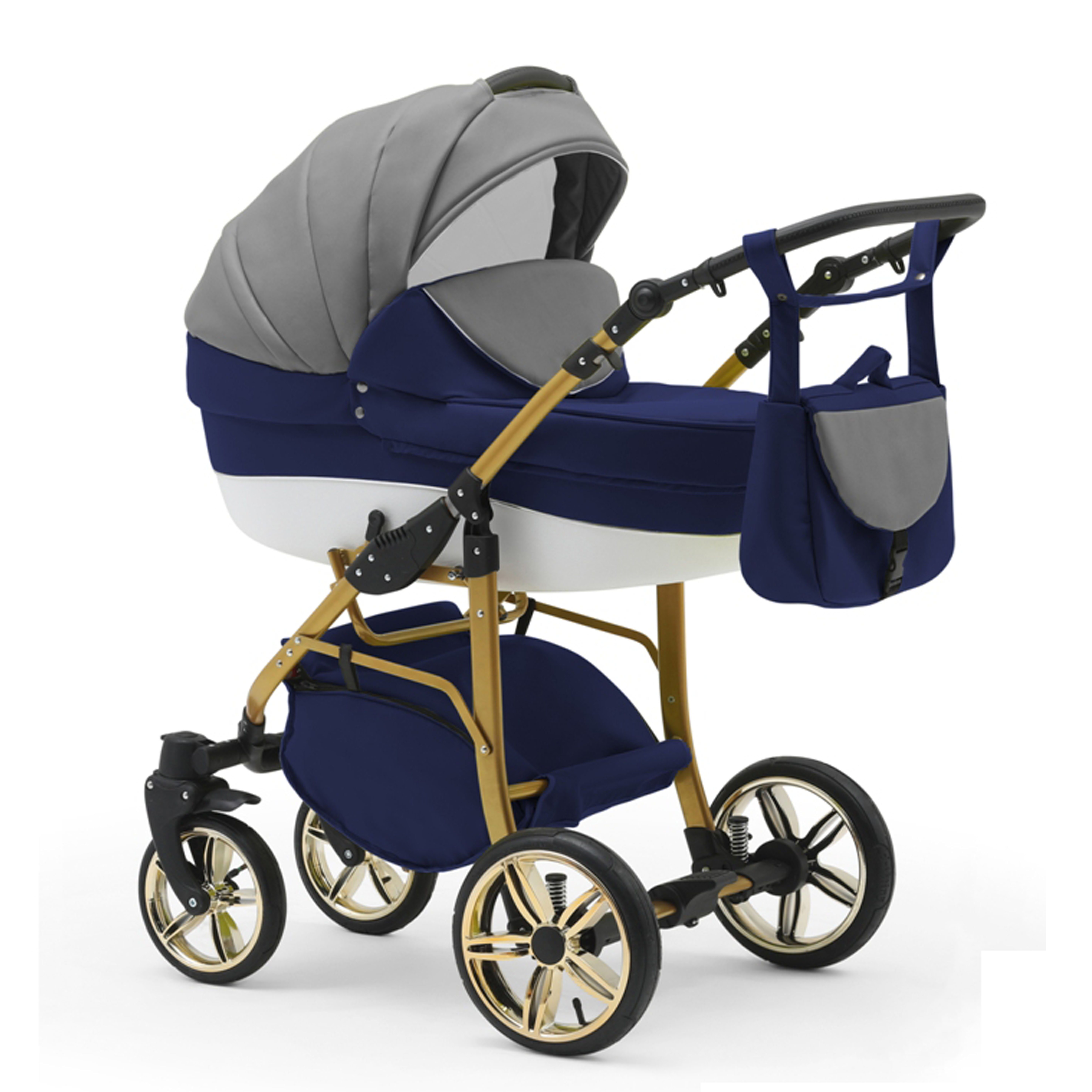 babies-on-wheels Kombi-Kinderwagen 2 Kinderwagen-Set 13 Farben - Cosmo in 46 - in Gold Grau-Navy-Weiß 1 Teile