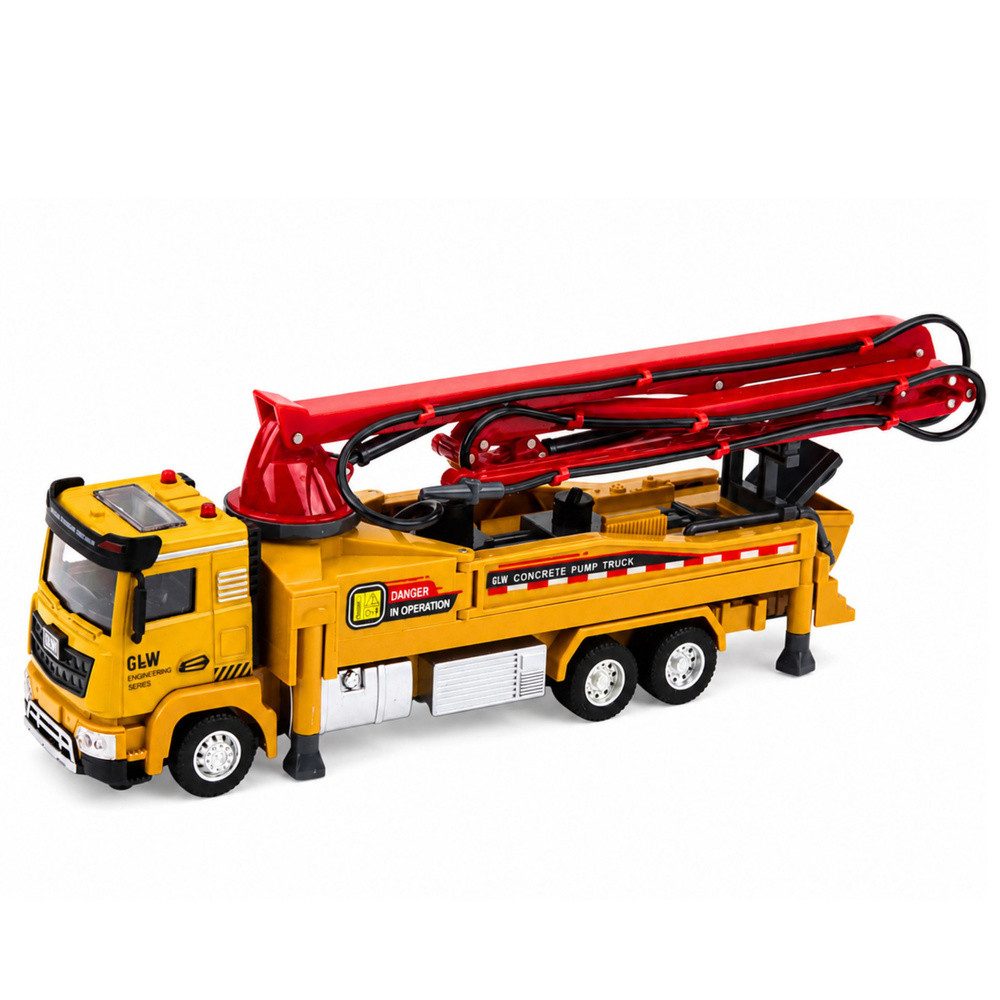 LEAN TOYS Spielzeug-LKW Baustellenfahrzeug Betonpumpe Modellfahrzeug, (Spar-Set, 1-tlg., 31 x 10,5 x 8 cm robust), Licht, Sound, Wasserfunktion, Metall, Maßstab 1:40