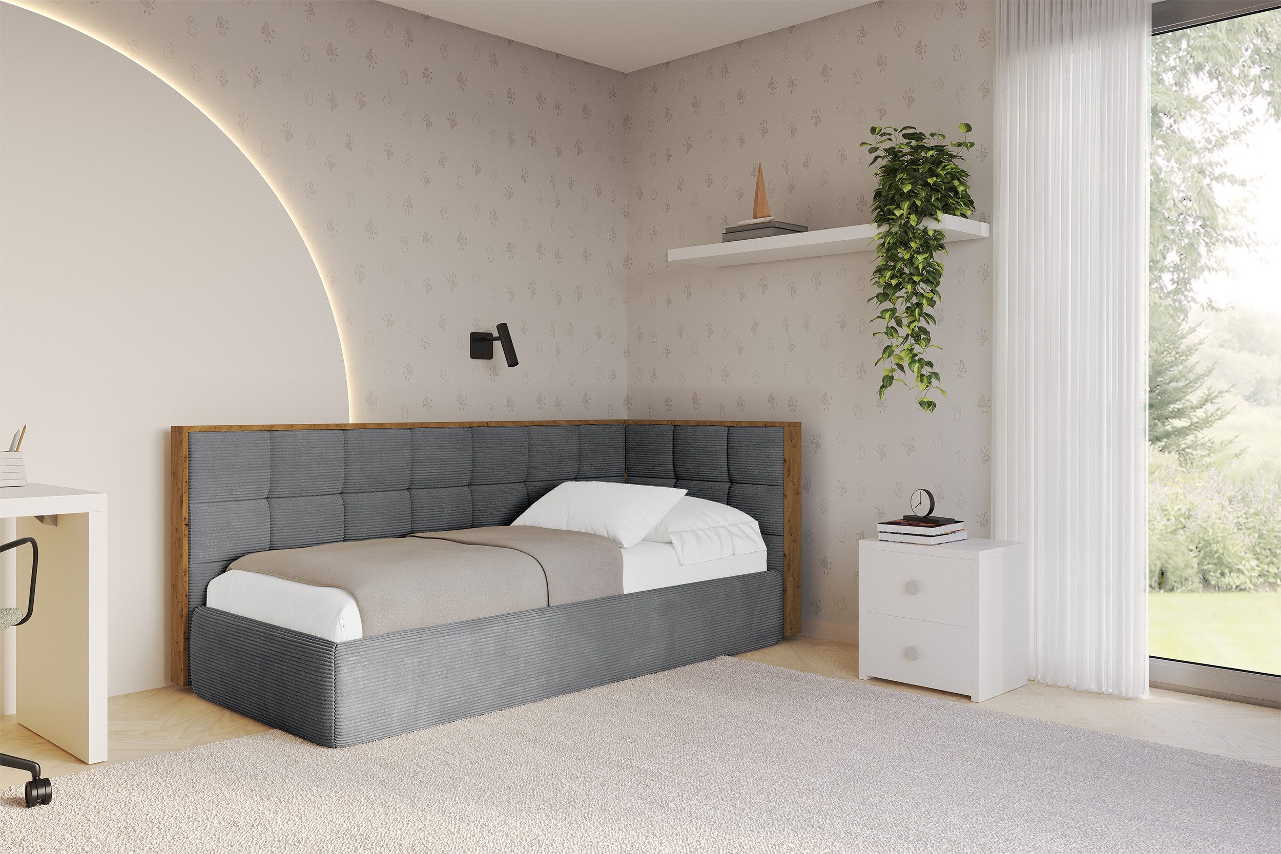 ALTDECOR Jugendbett SOVY (Jugendbett mit Bettkasten und Lattenrost, Polsterbett ohne Matratze), Einzelbett mit Stauraum, Bett mit Kopfteil