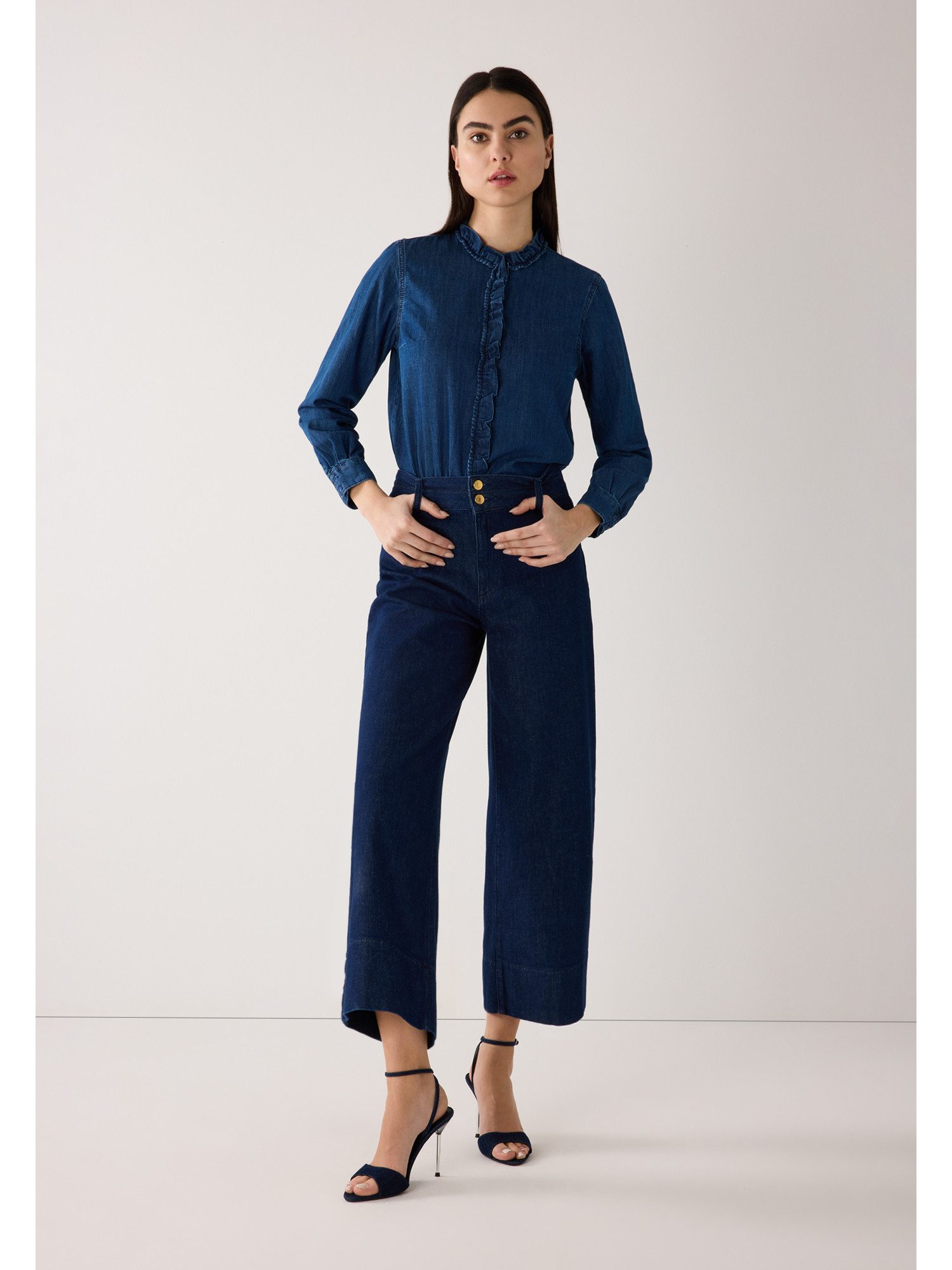 MORE&MORE Klassische Bluse feminine Rüschen-Jeansbluse günstig online kaufen