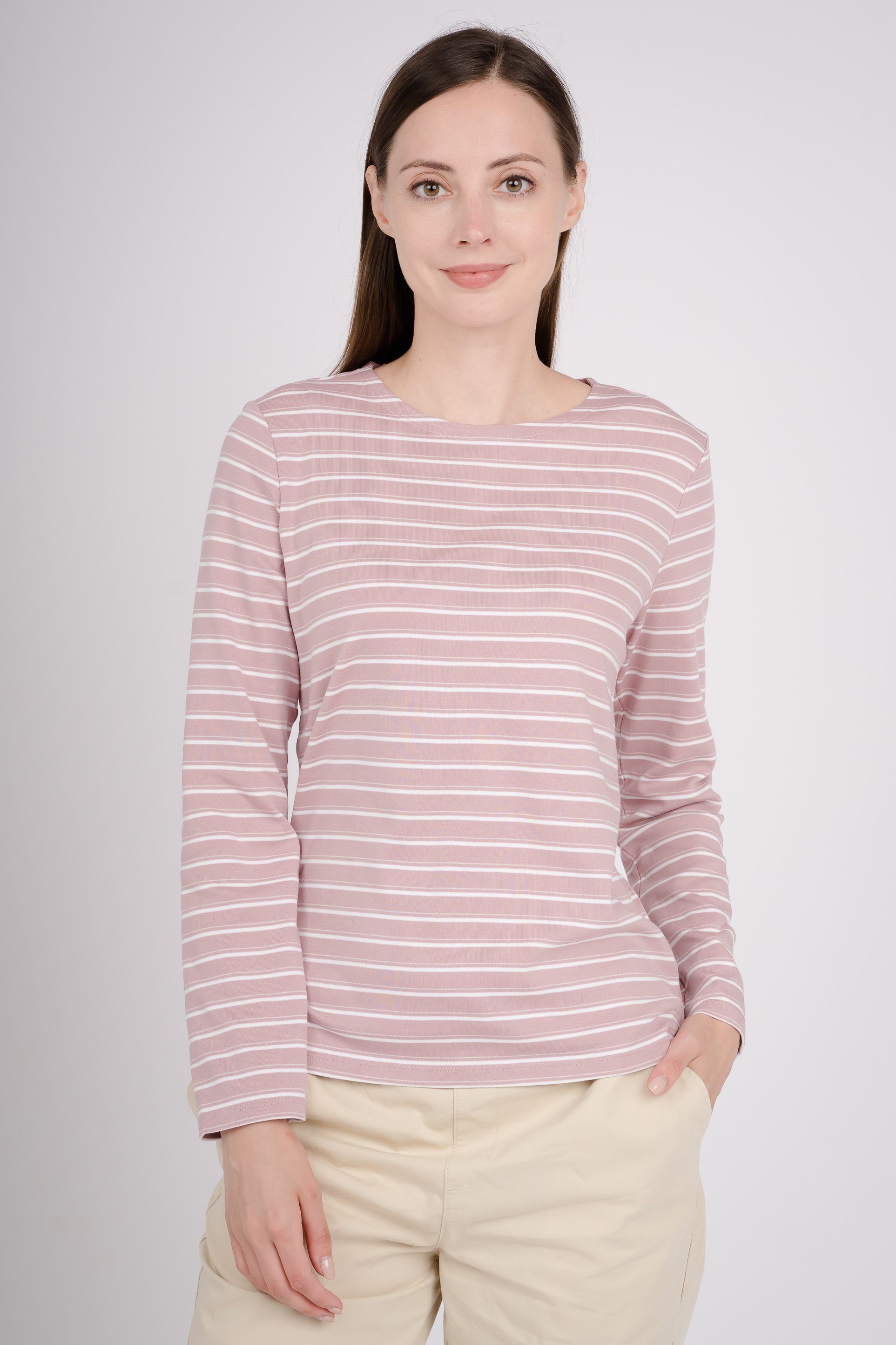 GIORDANO Langarmshirt in tollem Streifen-Design pink-weiß