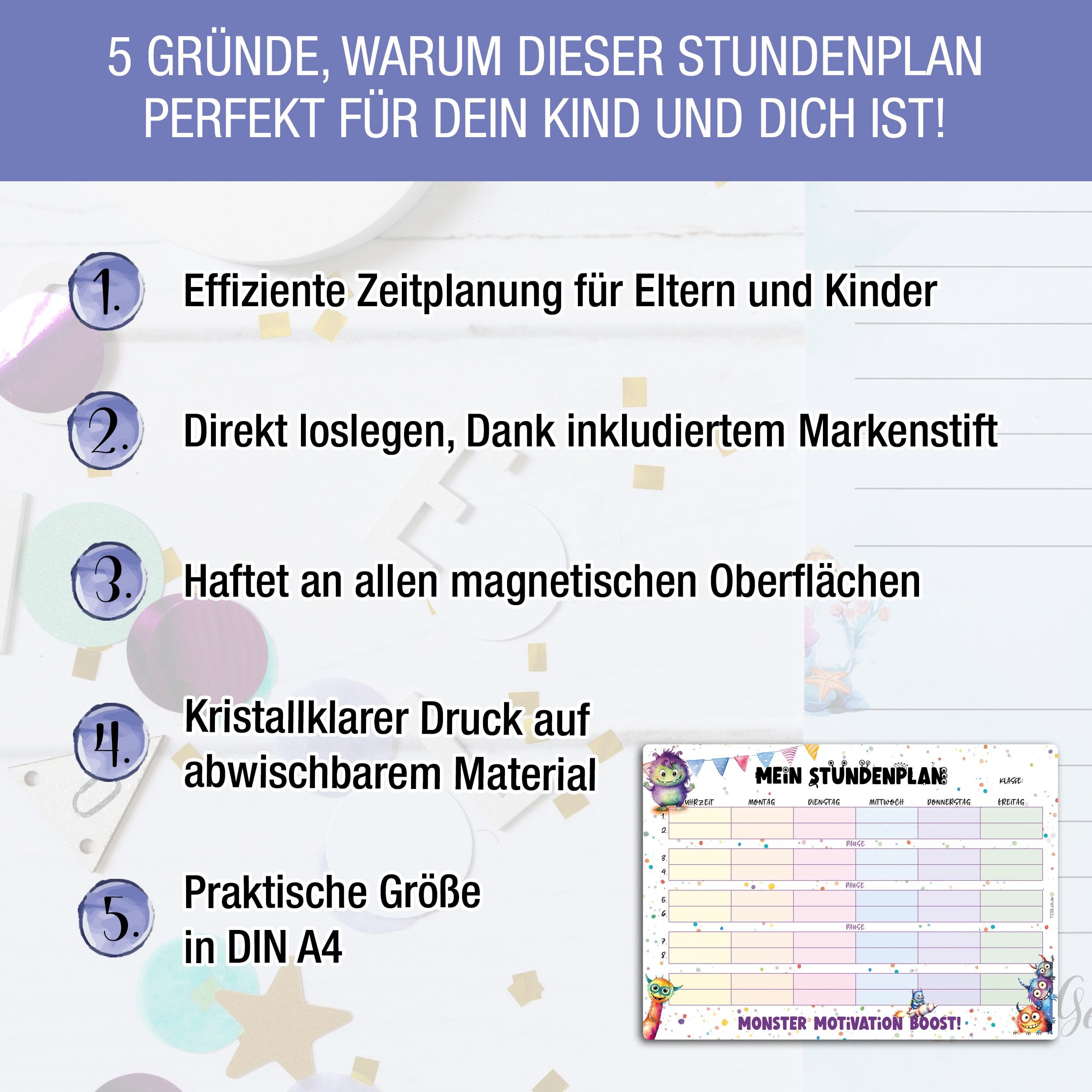 TOBJA Magnettafel Magnetischer Stundenplan Monster Design inkl. Stift, abwischbar magnetisch Wochenplaner Mädchen u. Jungen – Bild 2 von 5