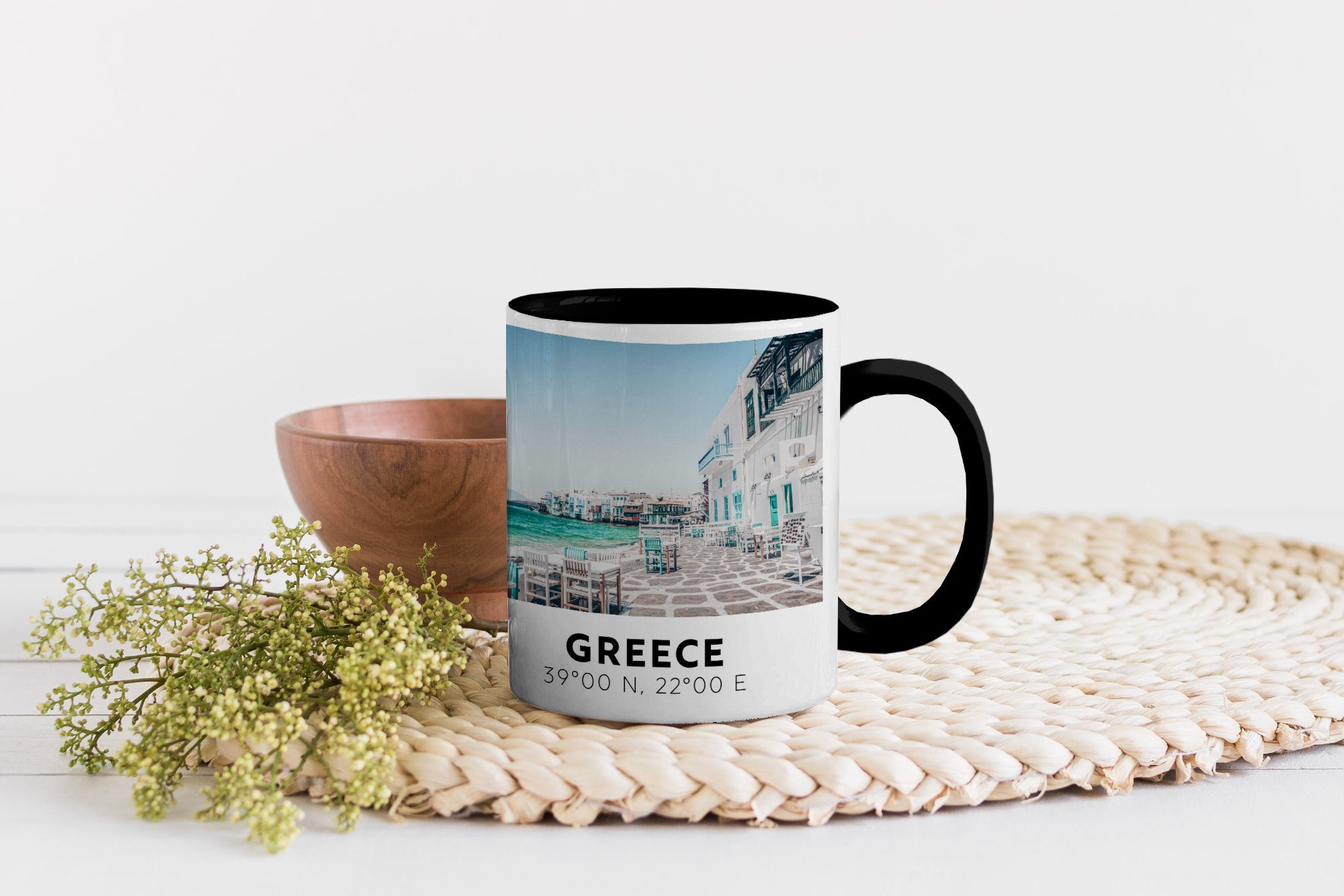 MuchoWow Tasse Griechenland Meer Terrasse, Kaffeetassen, Zaubertasse, - Keramik, - Blau Geschenk Farbwechsel, Teetasse, 
