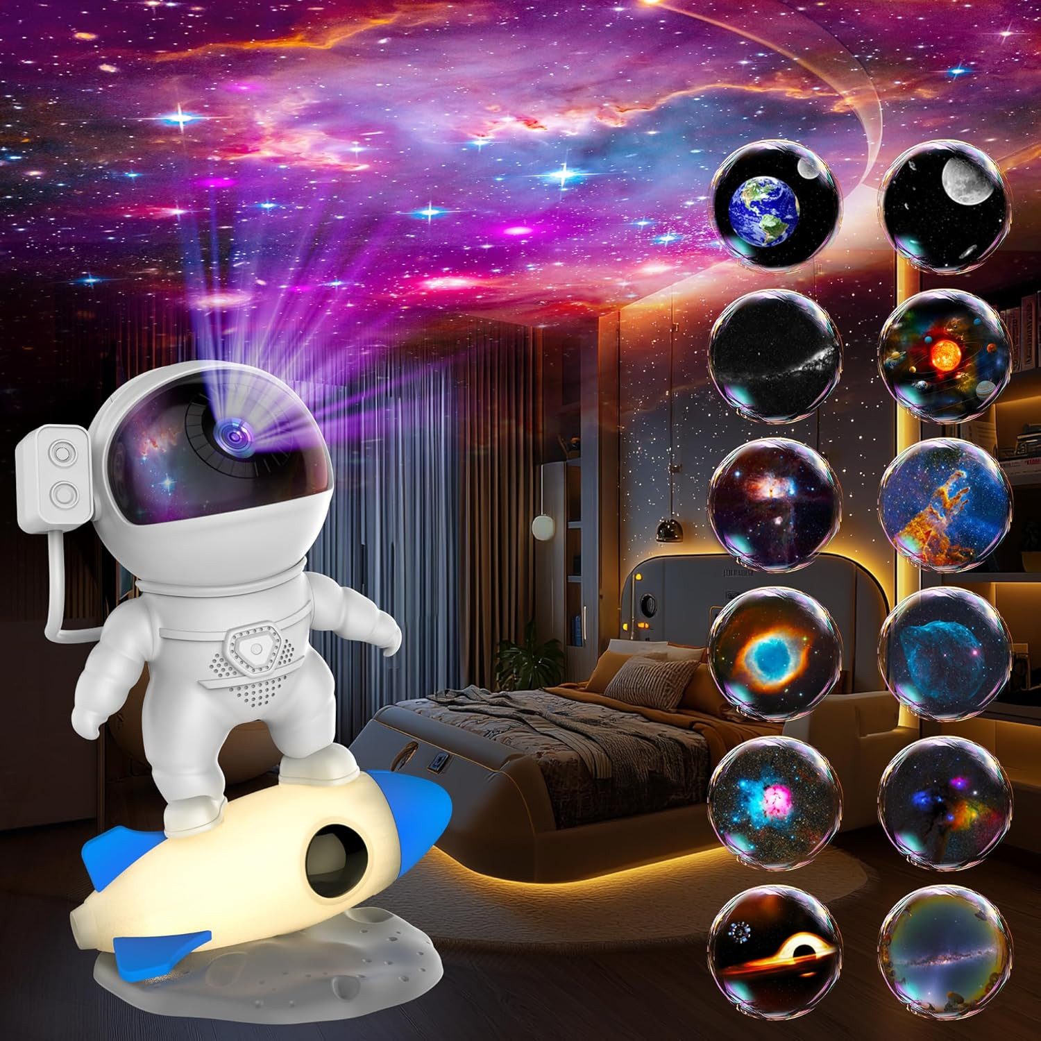 Fanttik LED Nachtlicht Astronaut Sternenhimmel Projektor, Galaxie Projektor mit Nachtlicht, 360° drehbare Astronaut Projektor Kinder, Kaltweiß, Planetarium Projektor Lampe für Kinder Erwachsene mit 13 Planeten Disc