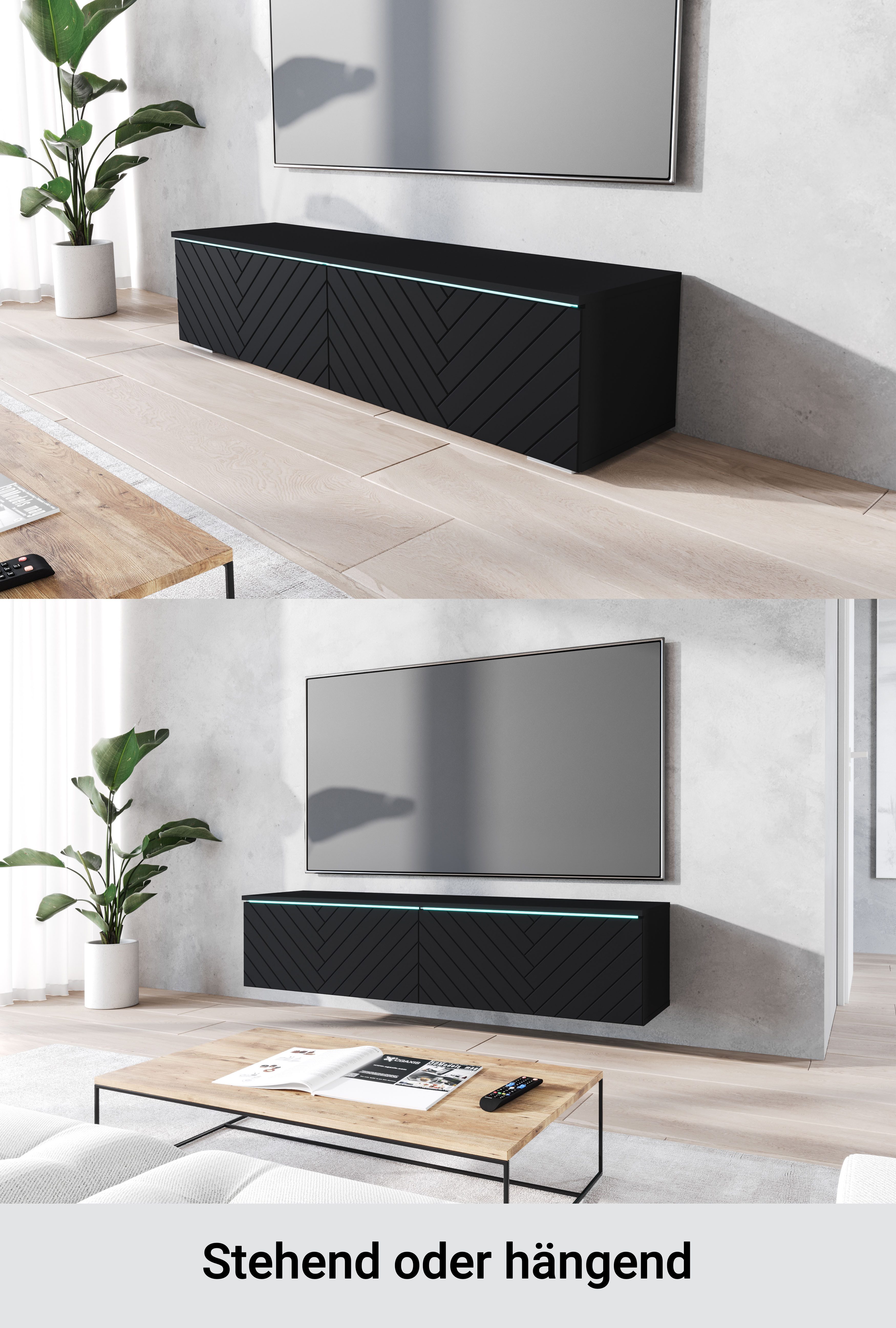 Home affaire Lowboard wahlweise mit oder ohne Beleuchtung (1 St), 140 cm TV-Board ohne Griffe, mit viel Stauraum, stehend und hängend