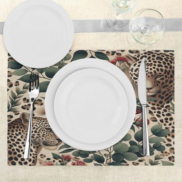 Platzset, Waschbare Stoff Esszimmer Küche Tischdekorations Digitaldruck, Abakuhaus, (4-teilig, 4-St., Set aus 4x), Leopard Vintage Rosenblätter und Katzen