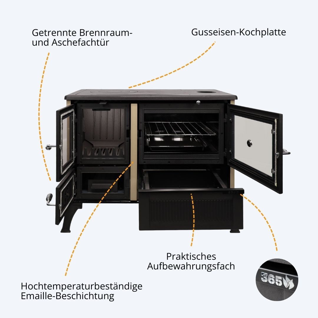 365 Kaminofen 365® Küchenherd Cook Smart beige emailliert 8 kW Gusseisen A+, 8 kW