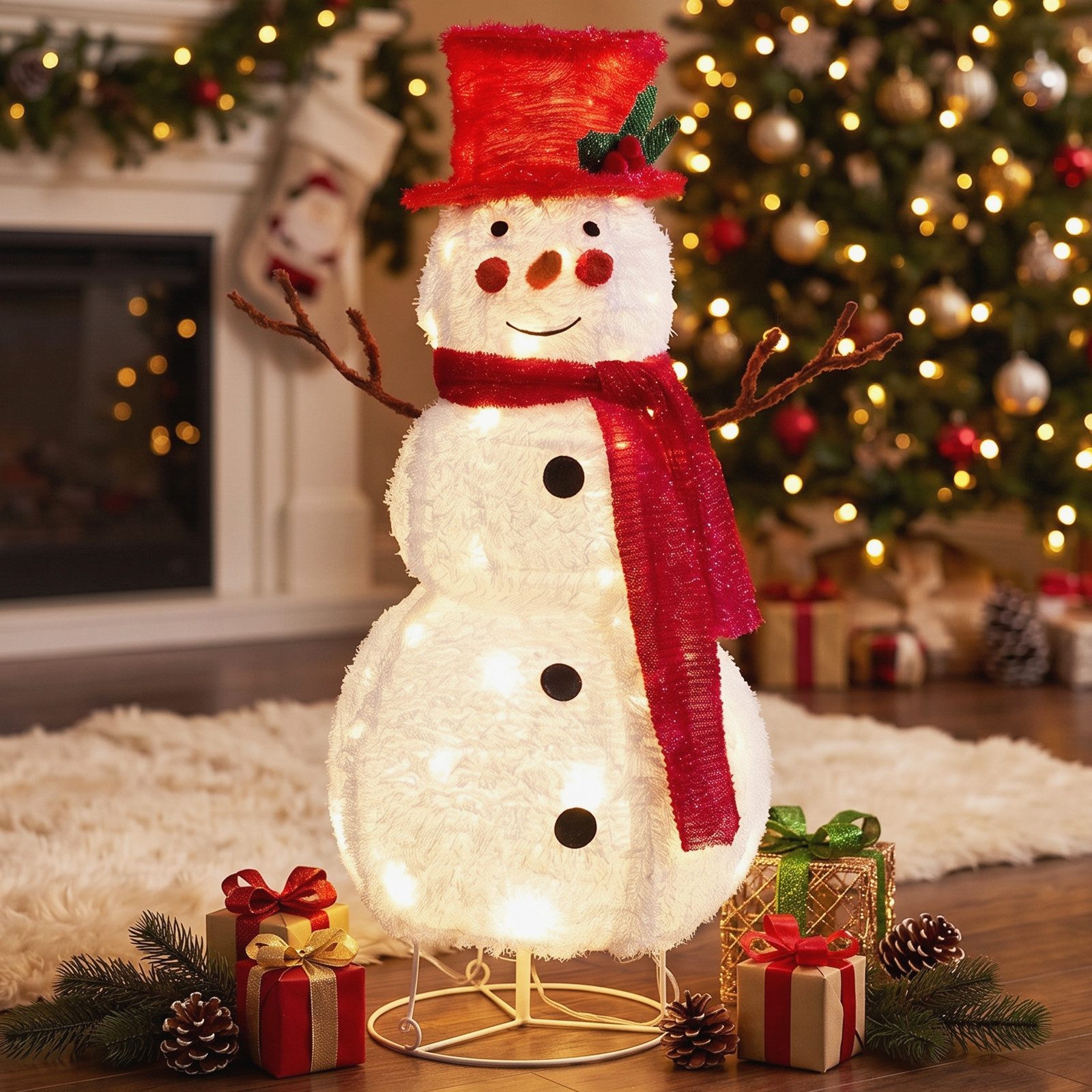 Quntis Weihnachtsfigur Einziehbare Schneemann/Weihnachtsbaum mit LED weihnachtsdeko outdoor (1 St), Schneemann mit rotem Hut & Tannenzweigen,Warmweiß Weihnachtsdekoration