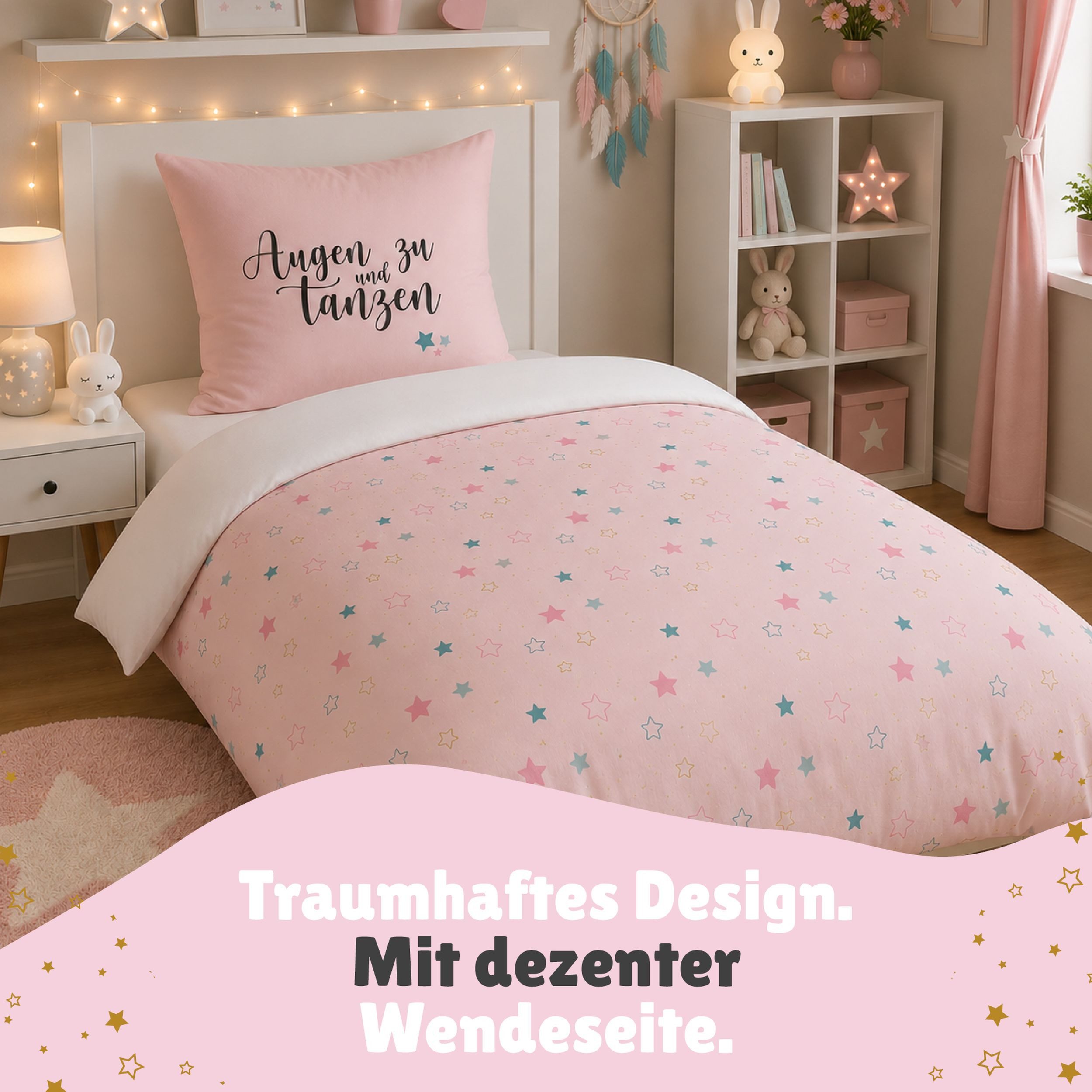 Familando Bettwäsche Sterne Sweet Dreams 135x200 80x80cm 100% Baumwolle Reißveschluss, Renforcé, 2 teilig, für Kinder und Erwachsene im Bohemian Boho Style Rosa