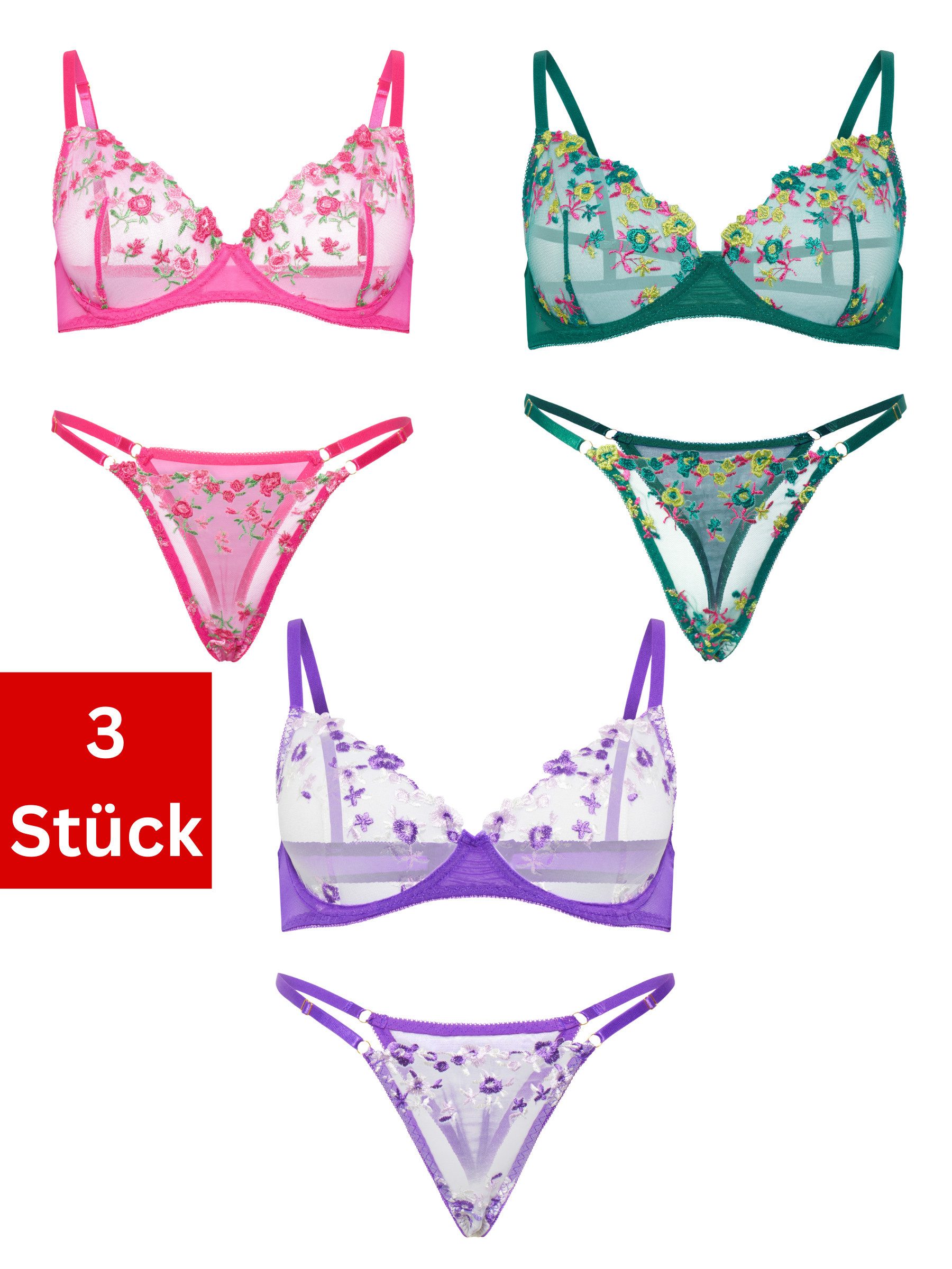 Elegant Love Set: Bügel-BH Blumenstickerei Dessous-Set – elegantes BH-Set für Damen (Packung, 2-tlg., 3-er Pack) sexy Lingerie-Set – BH & String aus besticktem Tüll, Reizwäsche