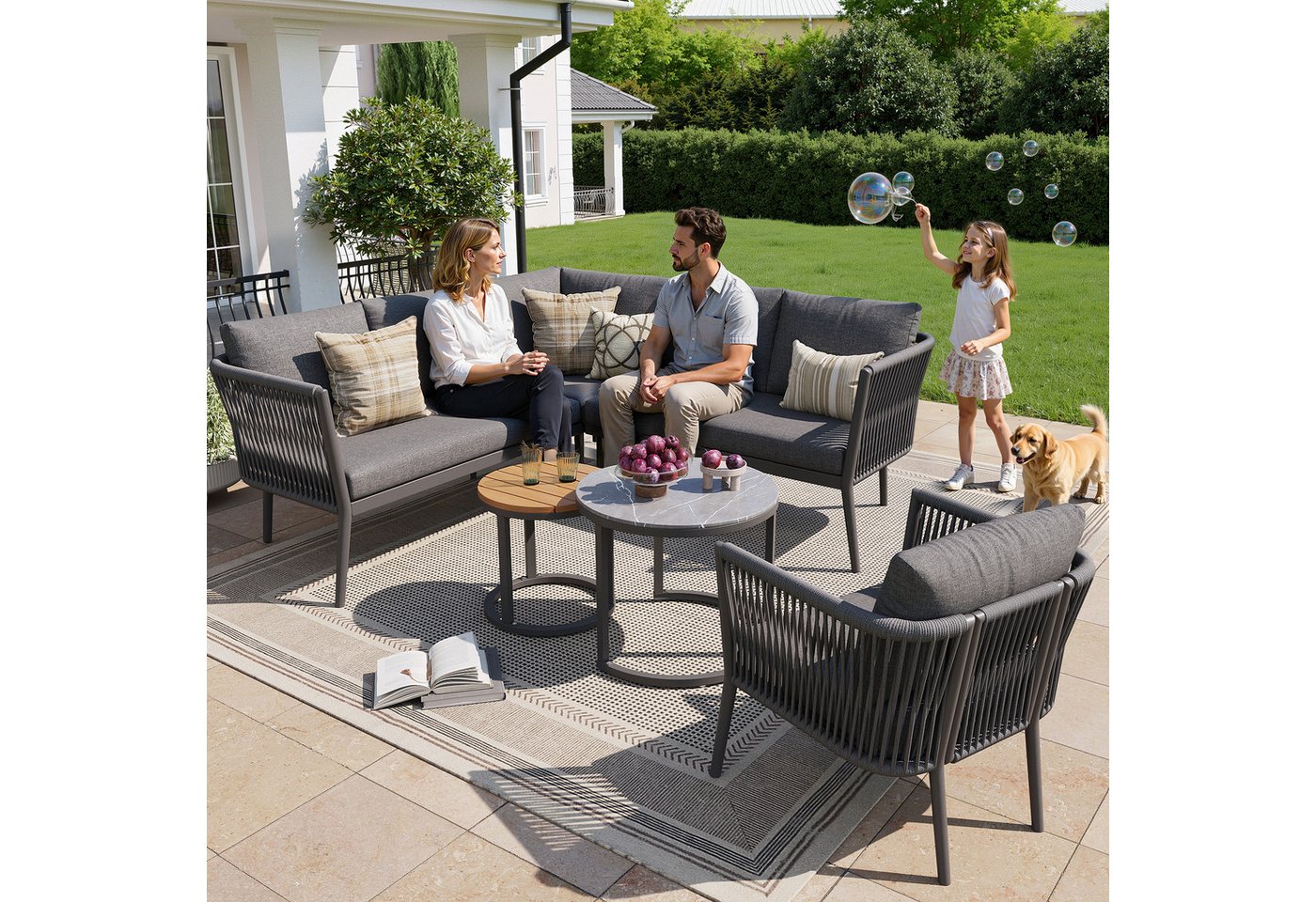 Merax Gartenlounge-Set Seil Balkonset, (6-tlg., Modulares Sofa Set aus Seil & Eisen, für Terrasse & Balkon), 6-Sitzer Gartenmöbel mit 2 Couchtische, Sitzbank, Sofa, Sessel, Hocker