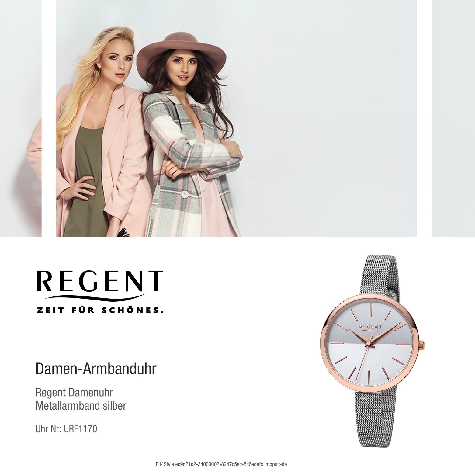Damen Uhren Regent Quarzuhr URF1170 Regent Damen Uhr F-1170 Metall Quarz, Damen Armbanduhr rund, Metallarmband silber