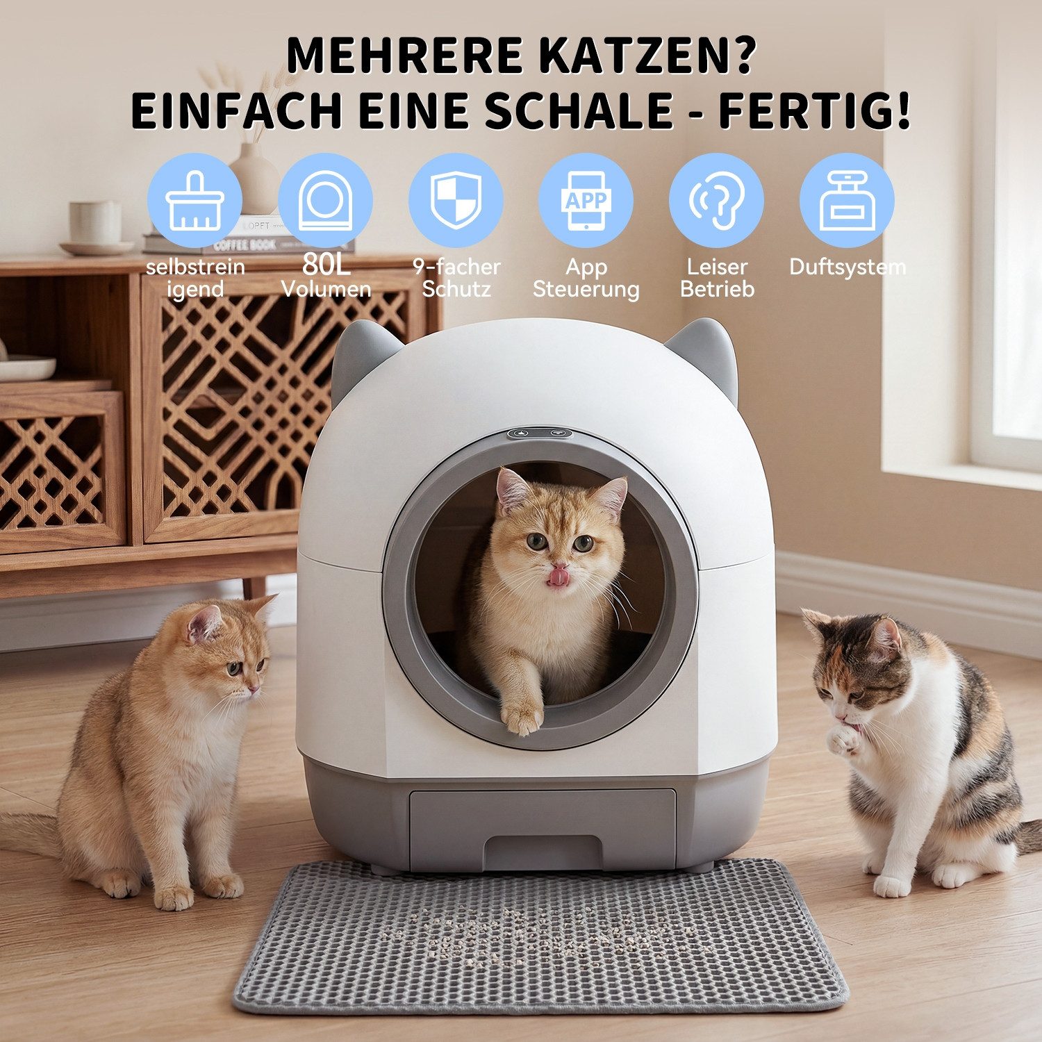 oyajia Katzentoilette XXL katzenklo selbstreinigend für katzen, mit Aromabox, Matte, leiser Betrieb & Nachtmodus - für Mehrkatzzen
