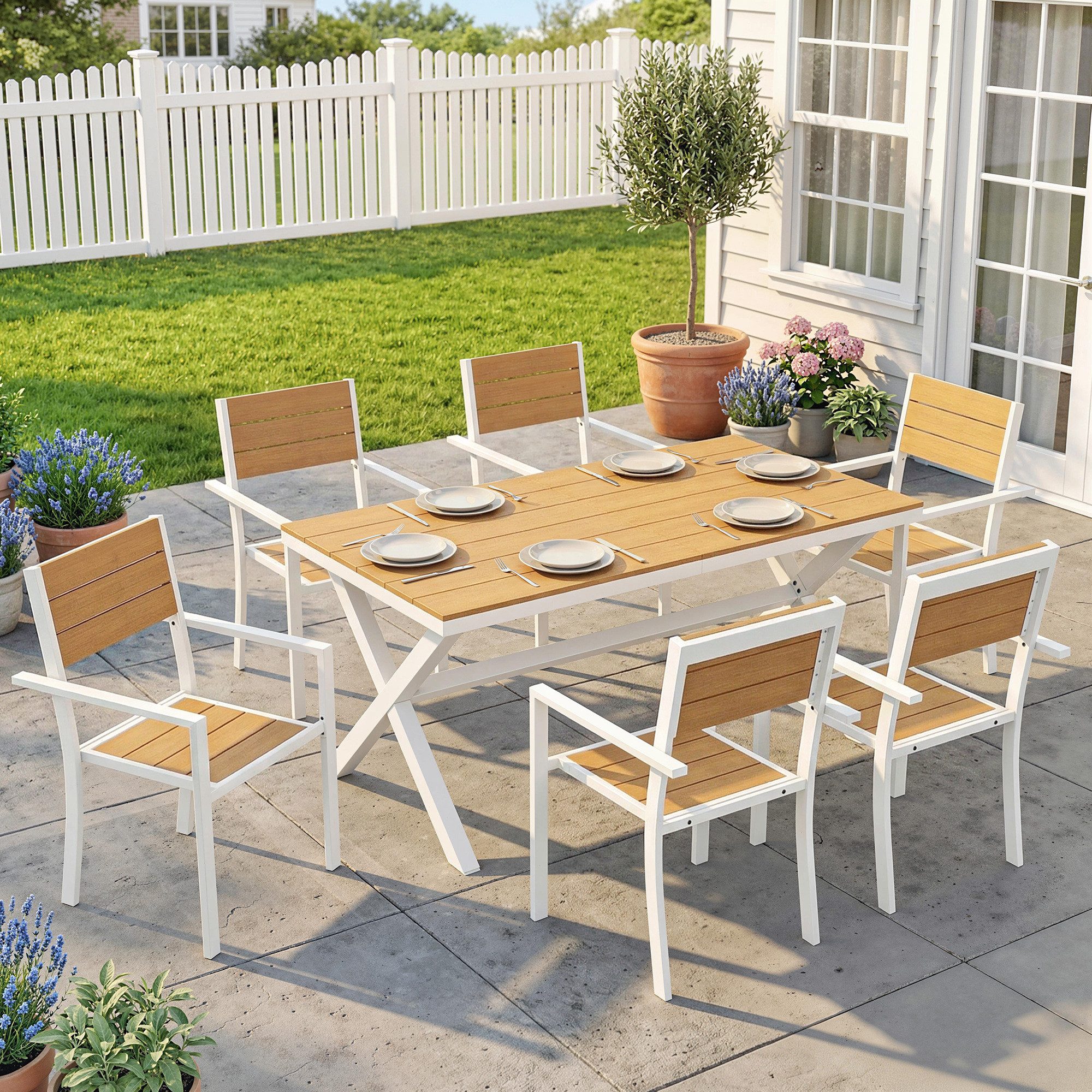 Outsunny Garten-Essgruppe mit 6 stapelbare Stühlen, Holzoptik, Aluminiumrahmen, Lamellsitz, (Sitzgruppe, 7-tlg., Gartenmöbel Set), für Garten Terrasse Teak