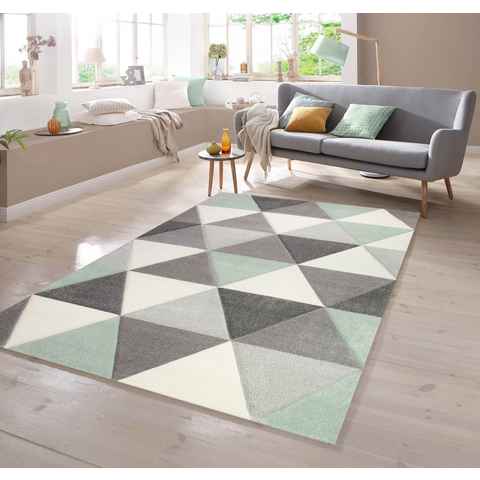 Teppich Teppich mit Dreieck Muster in Grün Grau Creme, TeppichHome24, rechteckig