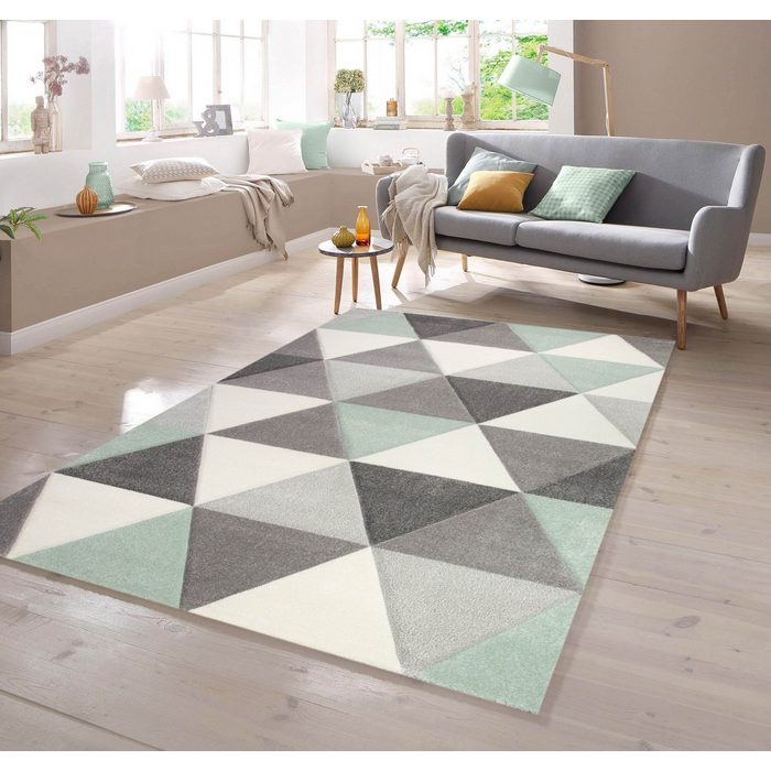 Teppich Teppich mit Dreieck Muster in Grün Grau Creme TeppichHome24 rechteckig