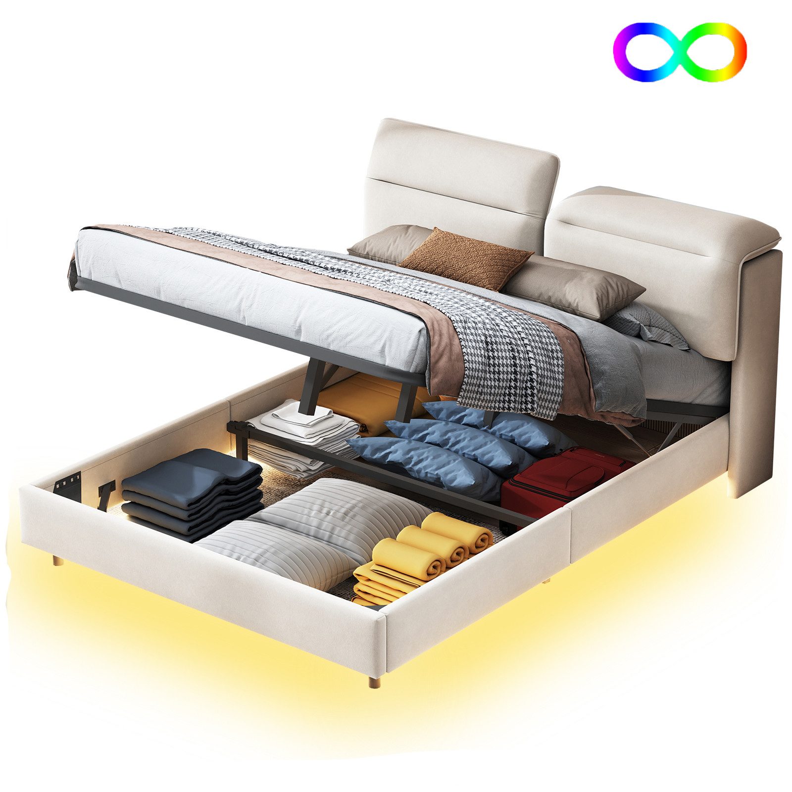 FUROKOY Boxspringbett 140x200cm LED Doppelbett Stauraumbett günstig online kaufen