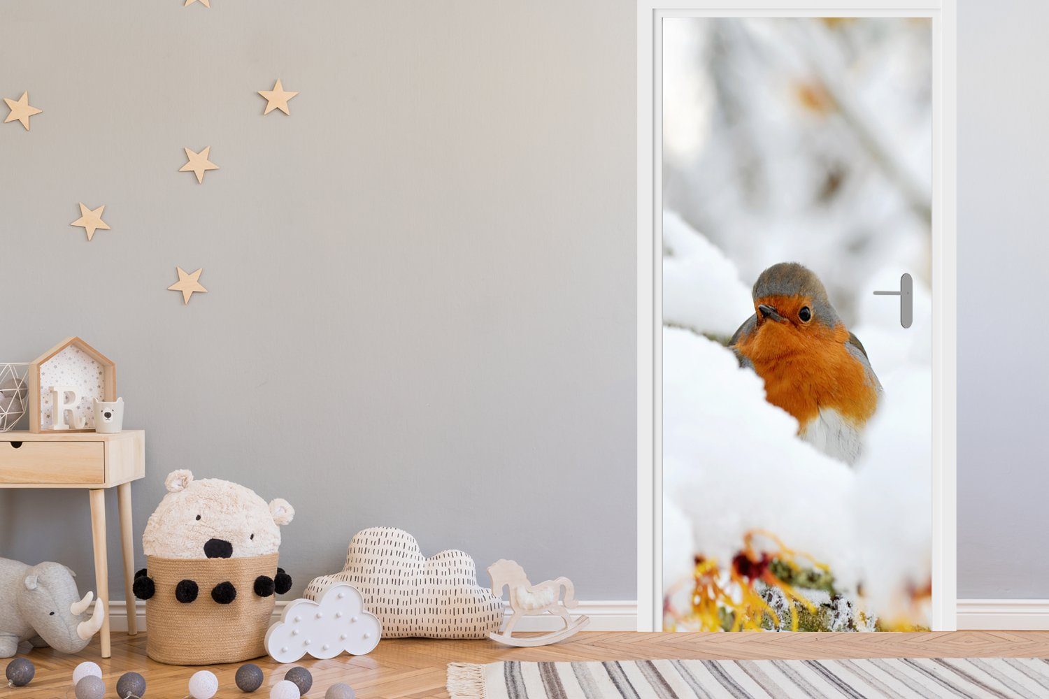 St), - für Rotkehlchen - Zweig, Tür, (1 Matt, MuchoWow Türaufkleber, cm Türtapete Schnee 75x205 Fototapete bedruckt,