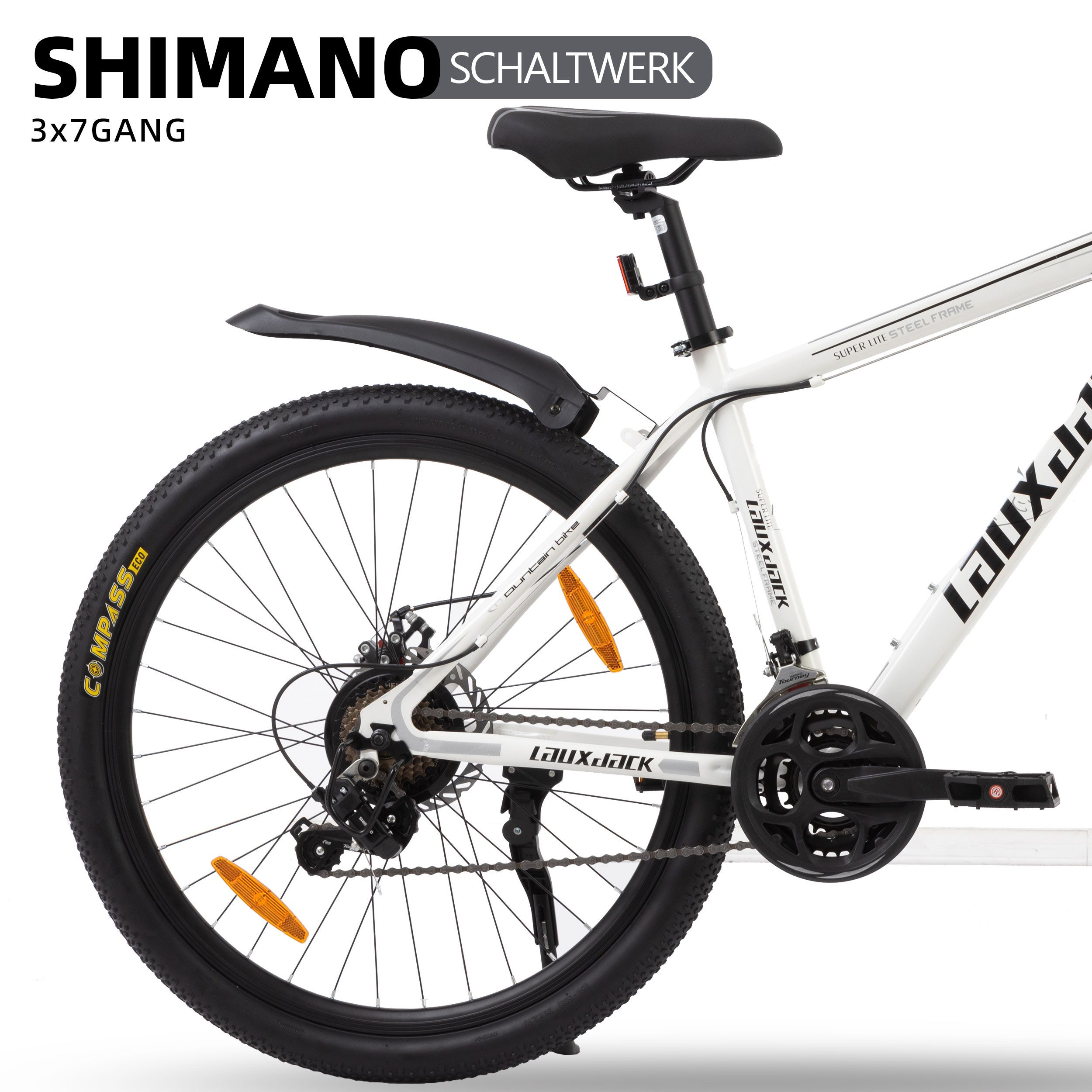 Lauxjack Mountainbike 26 Zoll, MTB, Herrenrad, Shimano 21-Gang, Federgabel, Scheibenbremse, 21 Gang Shimano Tourney RD-TY300/200 Schaltwerk, Kettenschaltung, (Set), Fahrrad, Tour, Gelände, Alltag, robust, Offroad-Look