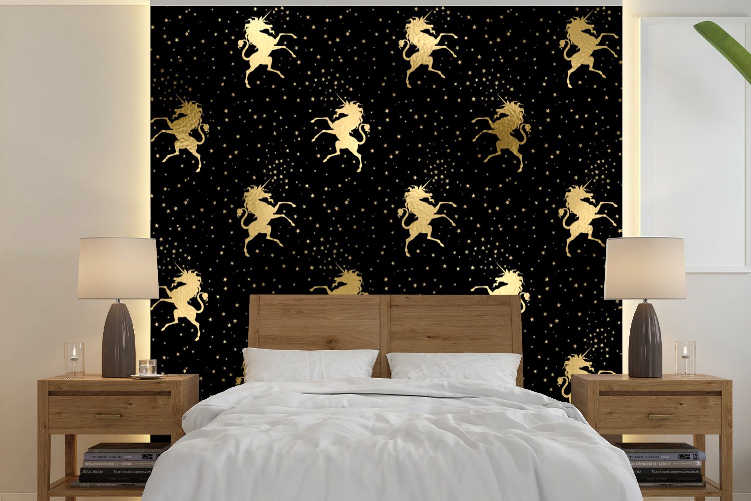 MuchoWow Fototapete Muster - Einhorn Schlafzimmer, Wohnzimmer bedruckt, für Matt, Wandtapete Tapete St), - Gold, Vinyl oder (5