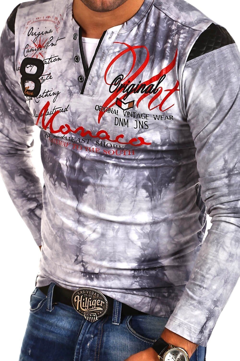 grau Langarmshirt P-Monaco mit Stickereien und behype Prints