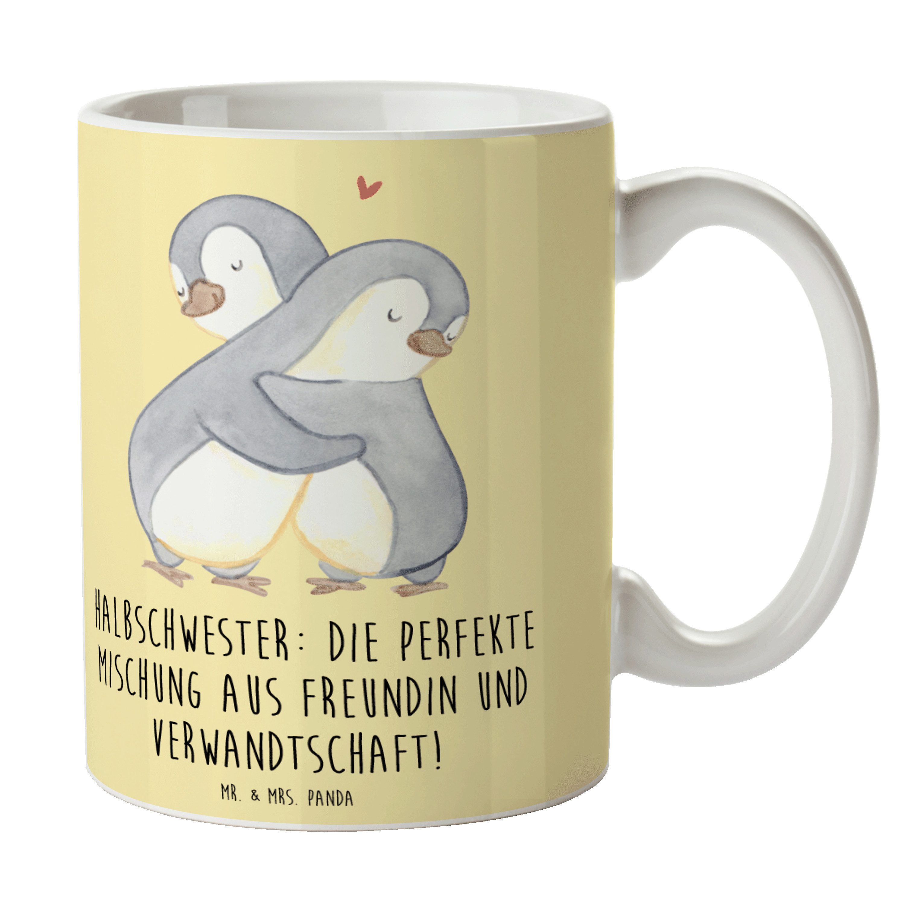 Mr. & Mrs. Panda Tasse Halbschwester Glück, Becher, Gelb Pastell, Pott, Keramikbecher, hafer, Keramik, Teepott kaffeetasse bedruckt Kaffeepott