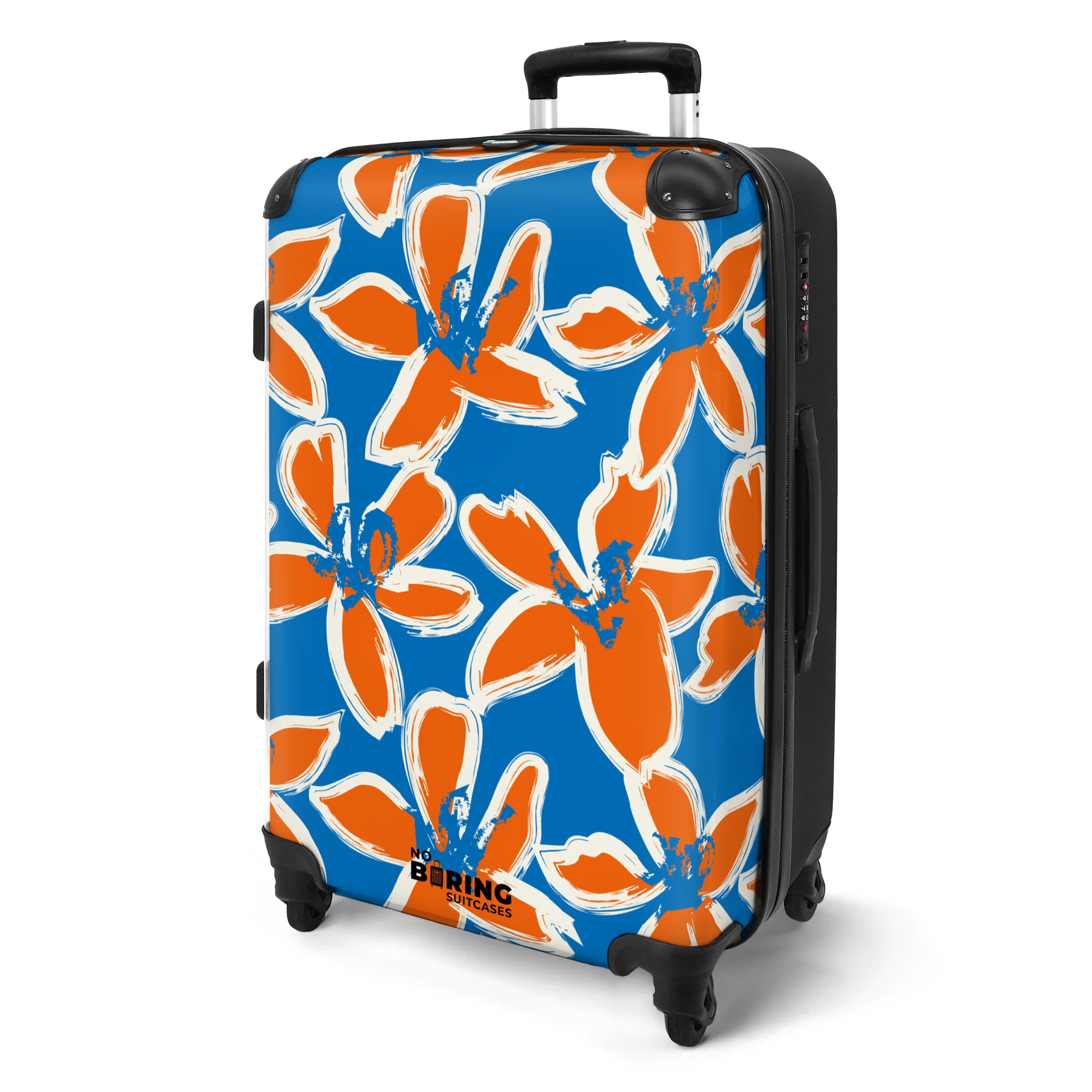 NoBoringSuitcases.com© Hartschalen-Trolley Blau mit orangefarbenen Blumen günstig online kaufen