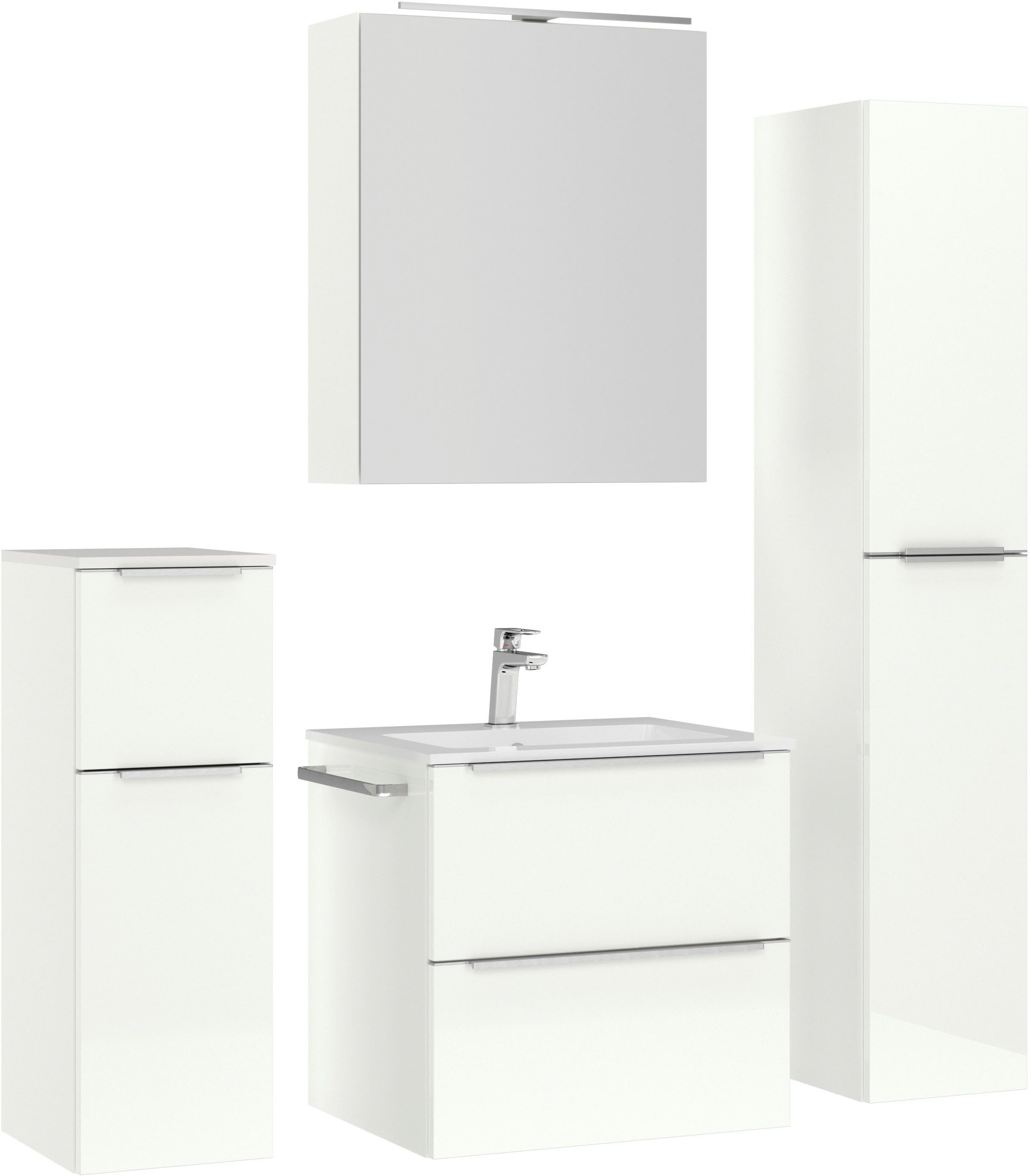 nobilia® Badmöbel-Set Levere, (4-St., vormontiert, mit Soft-Close), inkl. Spiegelschrank mit Beleuchtung und Dimmerfunktion, in 4 Breiten
